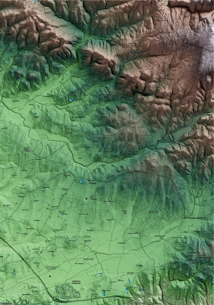 Mapa artístico del relieve de Llagostera, al Gironès, con 15 km de entorno y base topográfica ICGC. Detalle de la zona superior derecha.