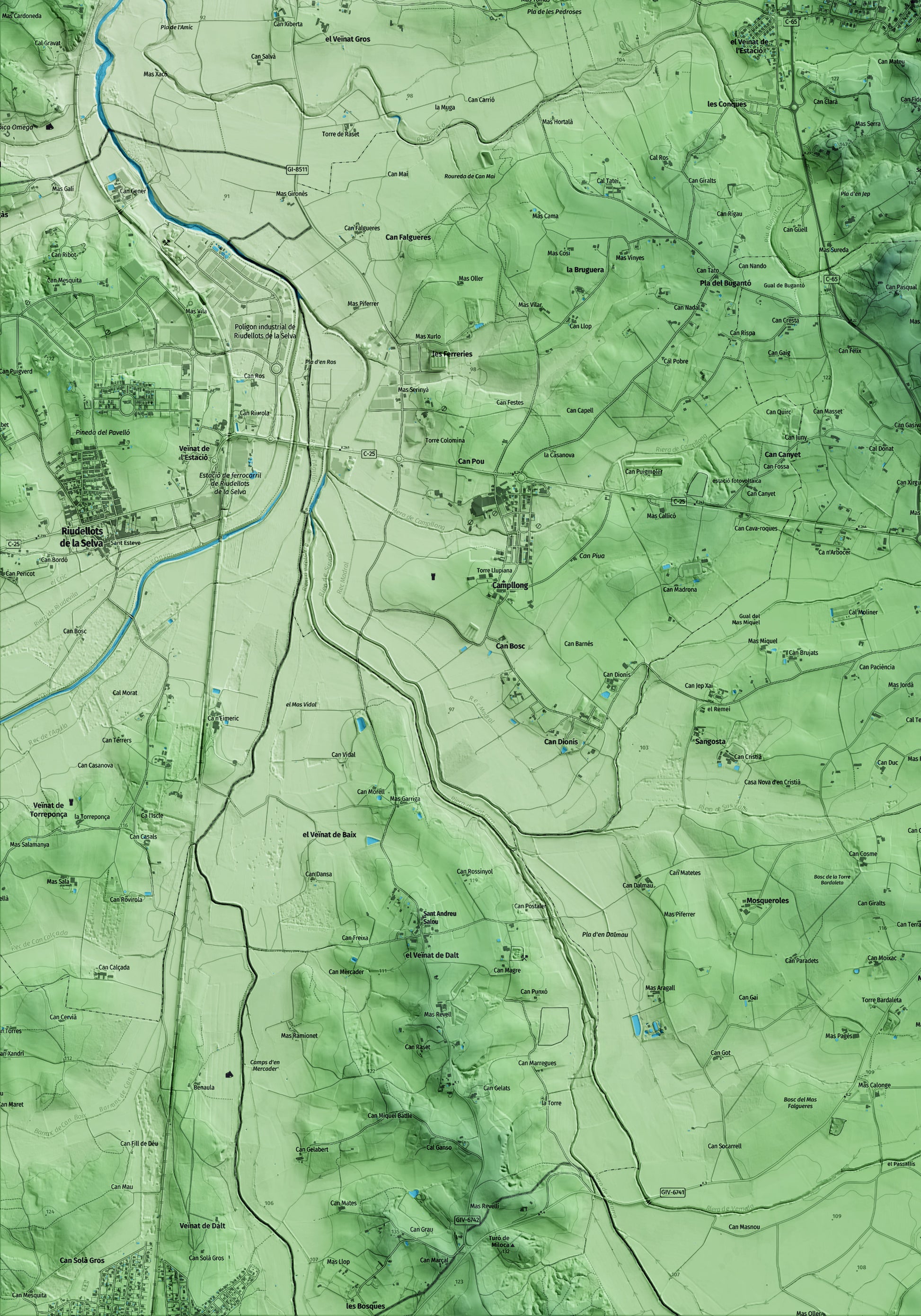 Mapa artístico del relieve de Llambilles, al Gironès, con 15 km de entorno y base topográfica ICGC. Detalle de la zona inferior izquierda.