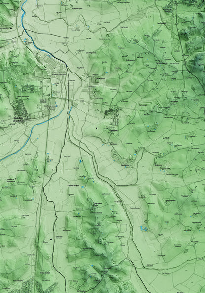 Mapa artístico del relieve de Llambilles, al Gironès, con 15 km de entorno y base topográfica ICGC. Detalle de la zona inferior izquierda.