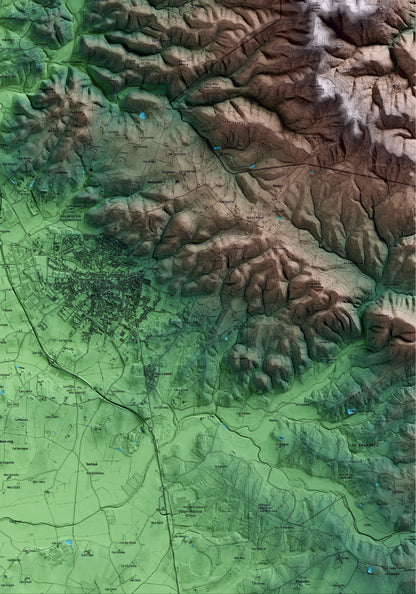 Mapa artístico del relieve de Llambilles, al Gironès, con 15 km de entorno y base topográfica ICGC. Detalle de la zona inferior derecha.