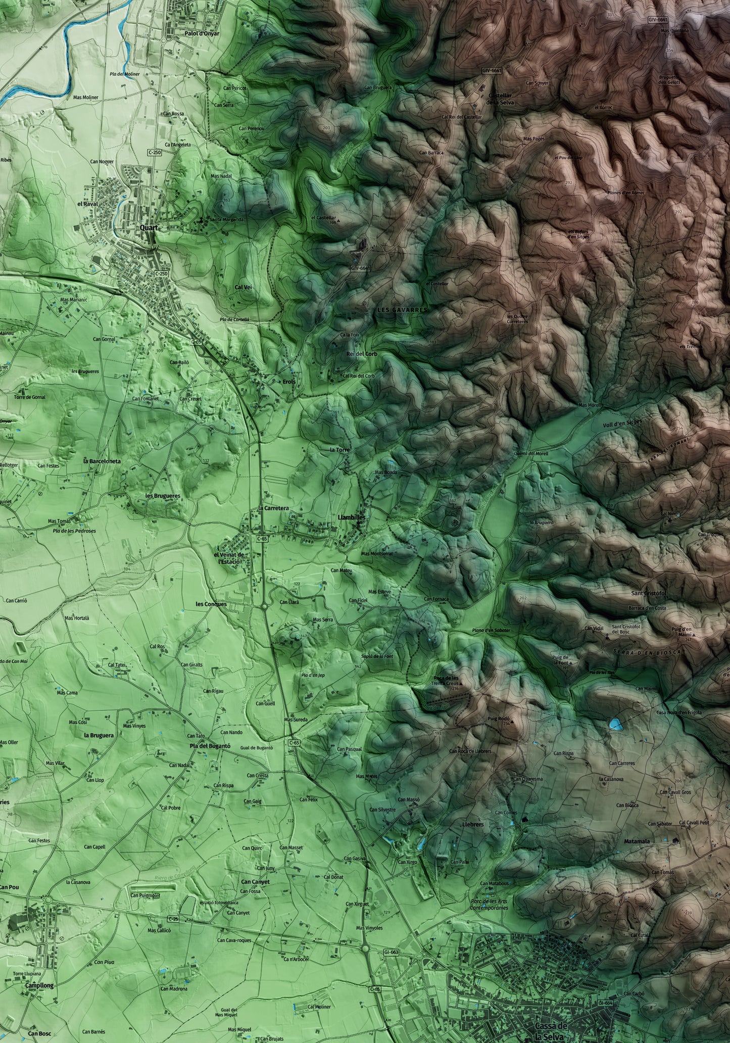 Mapa artístico del relieve de Llambilles, al Gironès, con 15 km de entorno y base topográfica ICGC. Detalle de la zona central.