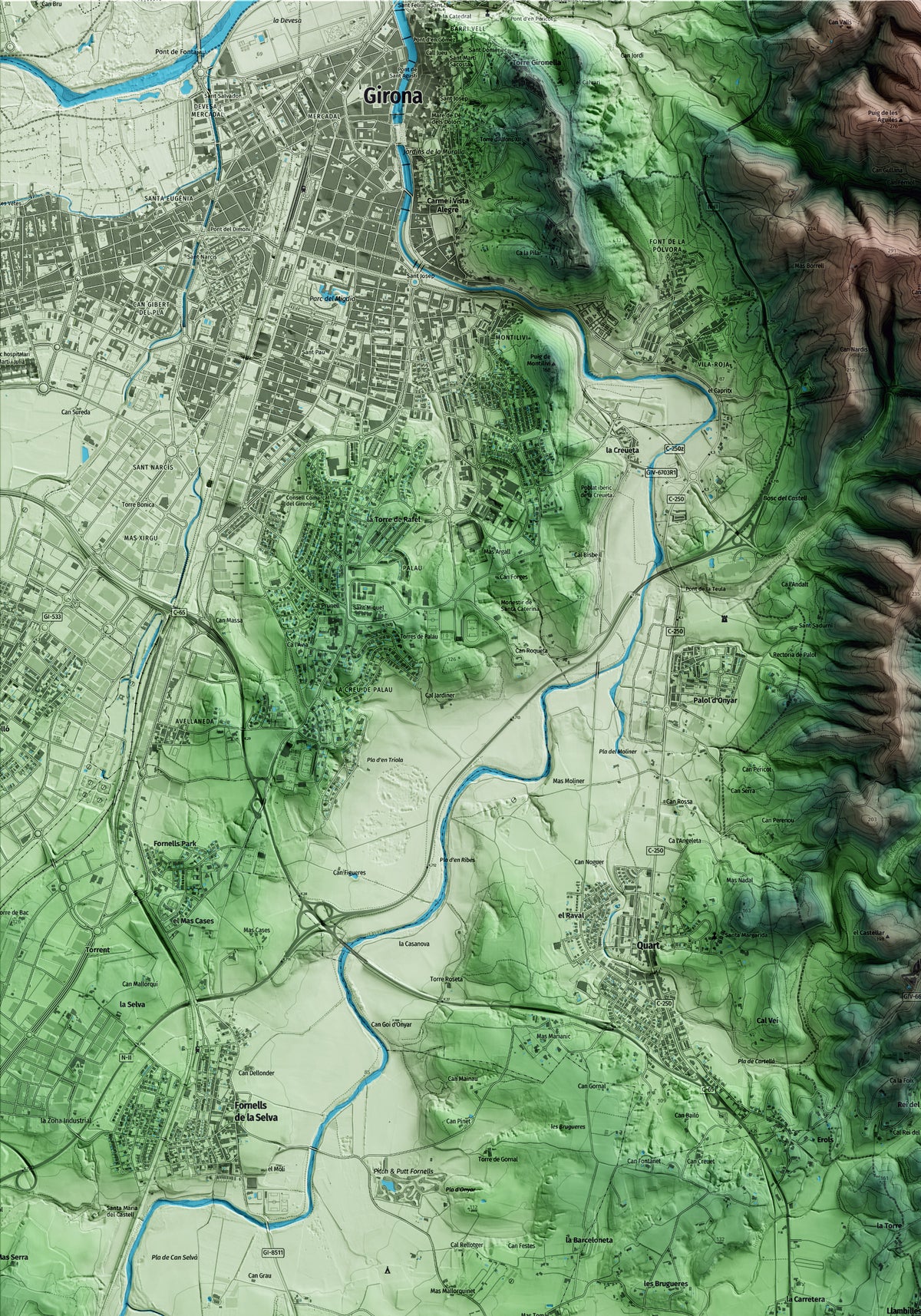 Mapa artístico del relieve de Llambilles, al Gironès, con 15 km de entorno y base topográfica ICGC. Detalle de la zona superior izquierda.