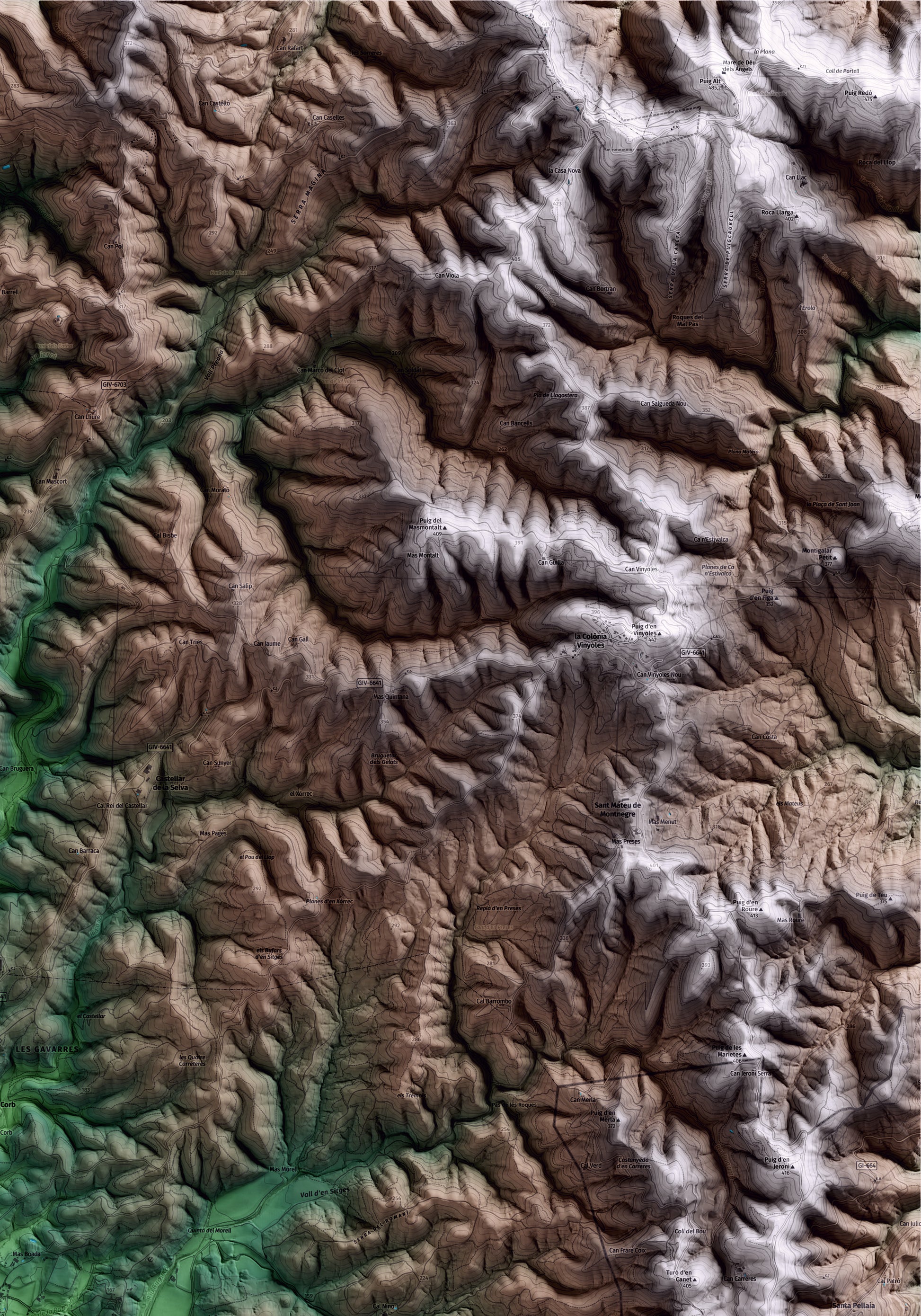 Mapa artístico del relieve de Llambilles, al Gironès, con 15 km de entorno y base topográfica ICGC. Detalle de la zona superior derecha.