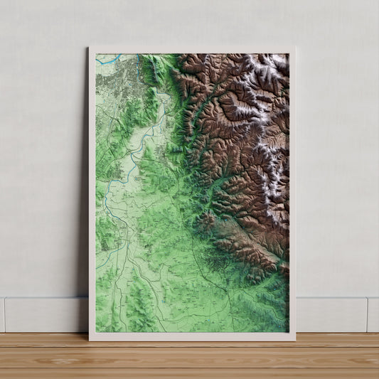 Mapa artístico del relieve de Llambilles, al Gironès, con 15 km de entorno y base topográfica ICGC. Presentación enmarcada.