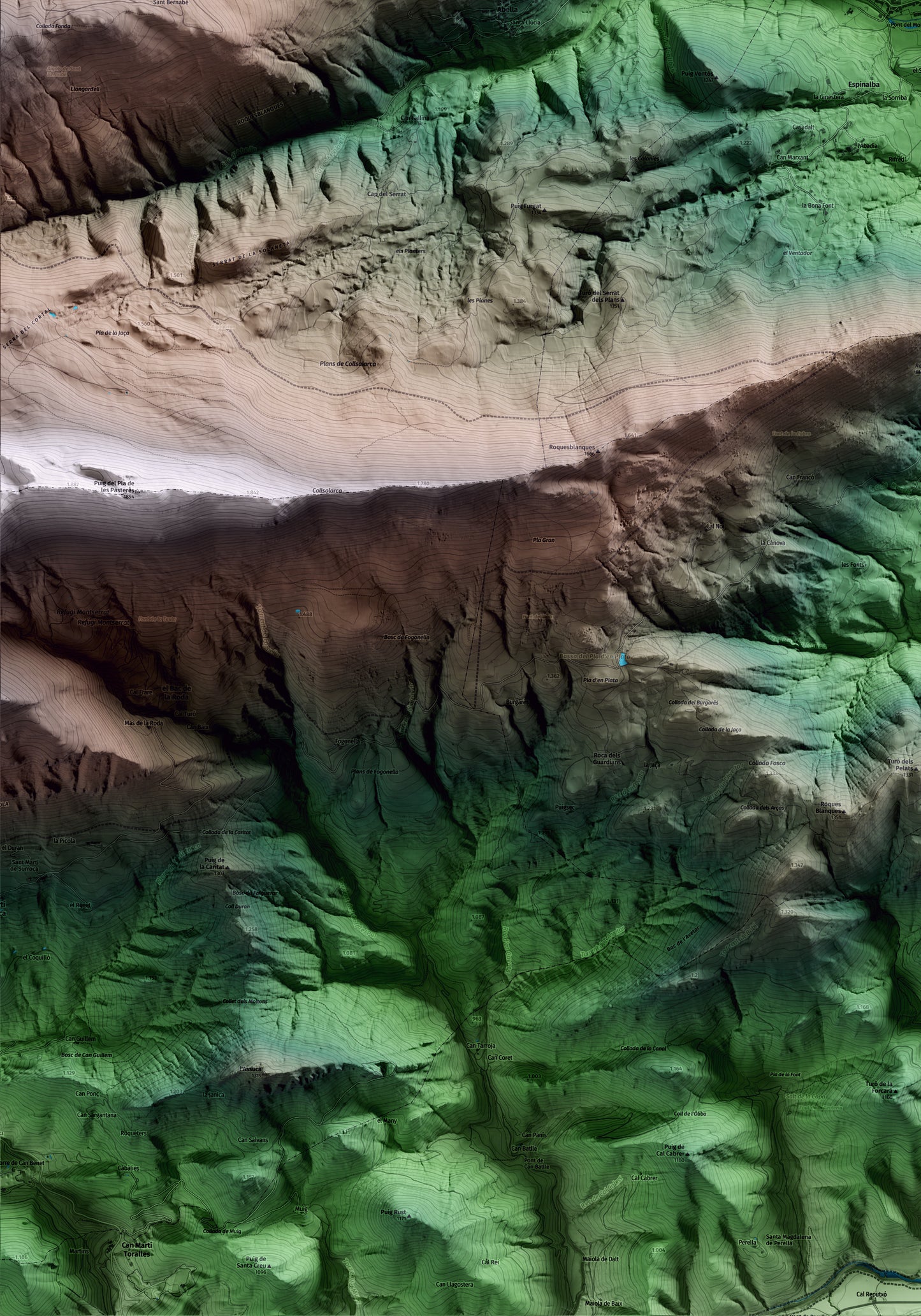 Mapa artístico del relieve de Llanars, al Ripollès, con 15 km de entorno y base topográfica ICGC. Detalle de la zona inferior izquierda.