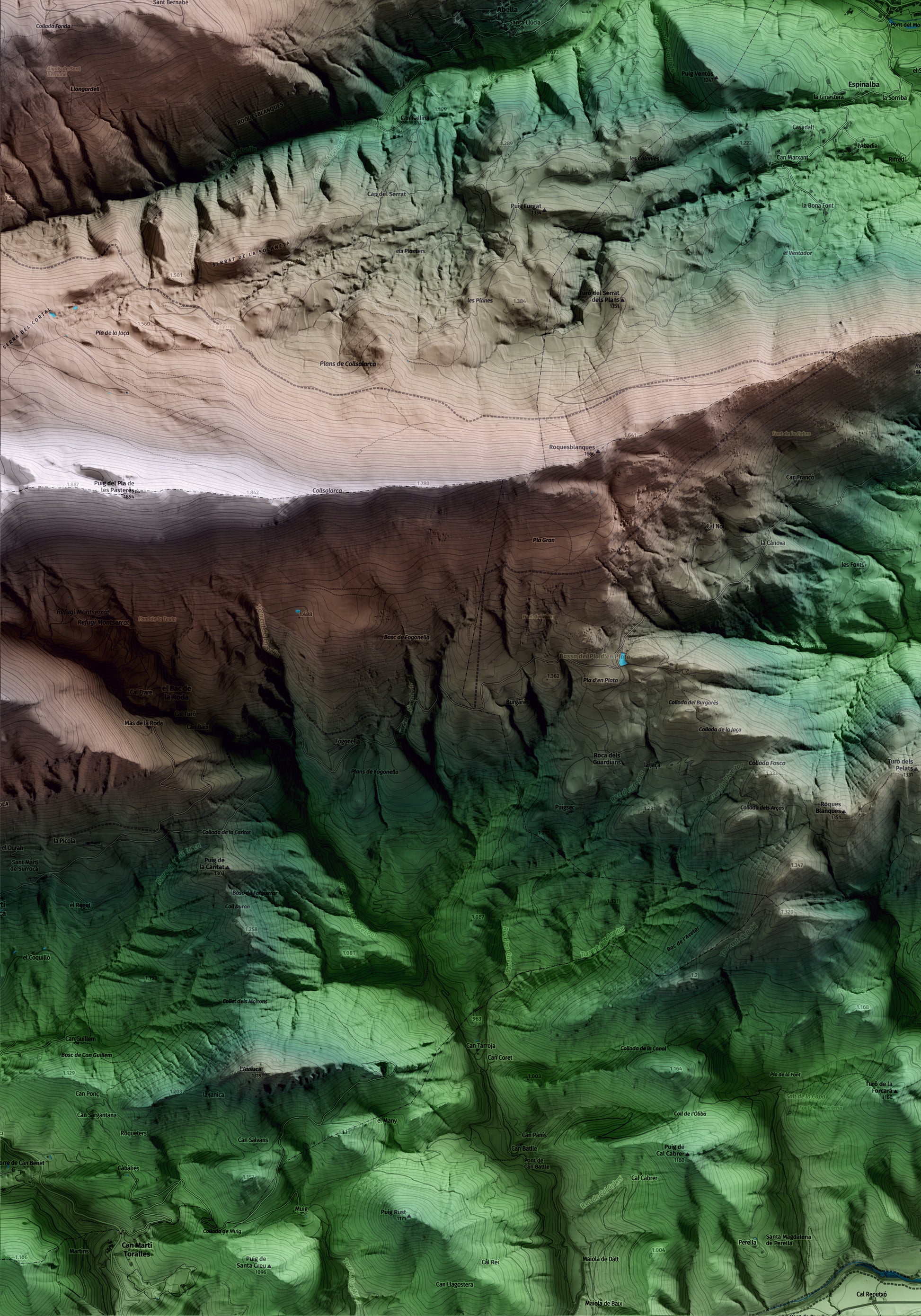 Mapa artístico del relieve de Llanars, al Ripollès, con 15 km de entorno y base topográfica ICGC. Detalle de la zona inferior izquierda.