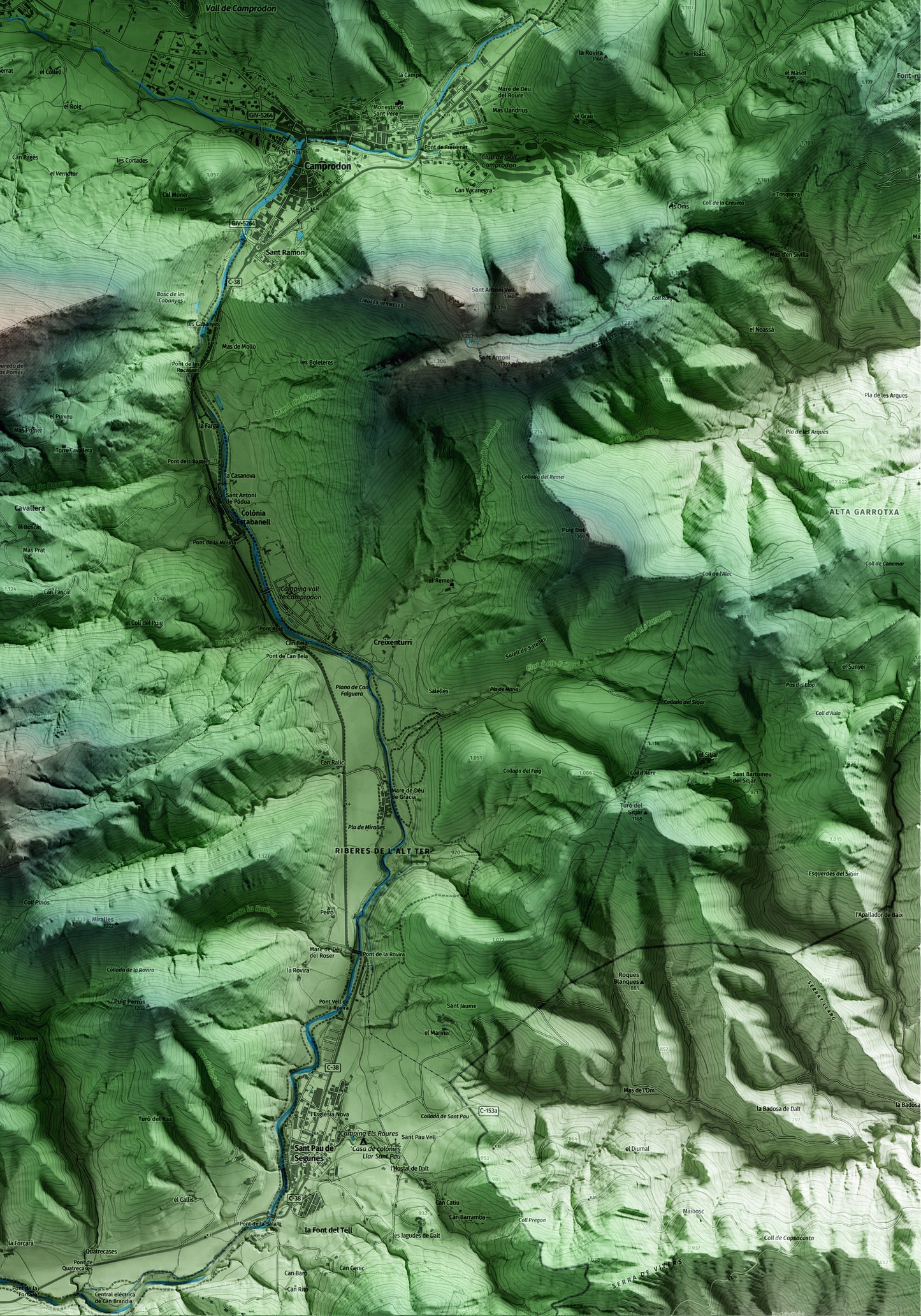 Mapa artístico del relieve de Llanars, al Ripollès, con 15 km de entorno y base topográfica ICGC. Detalle de la zona inferior derecha.