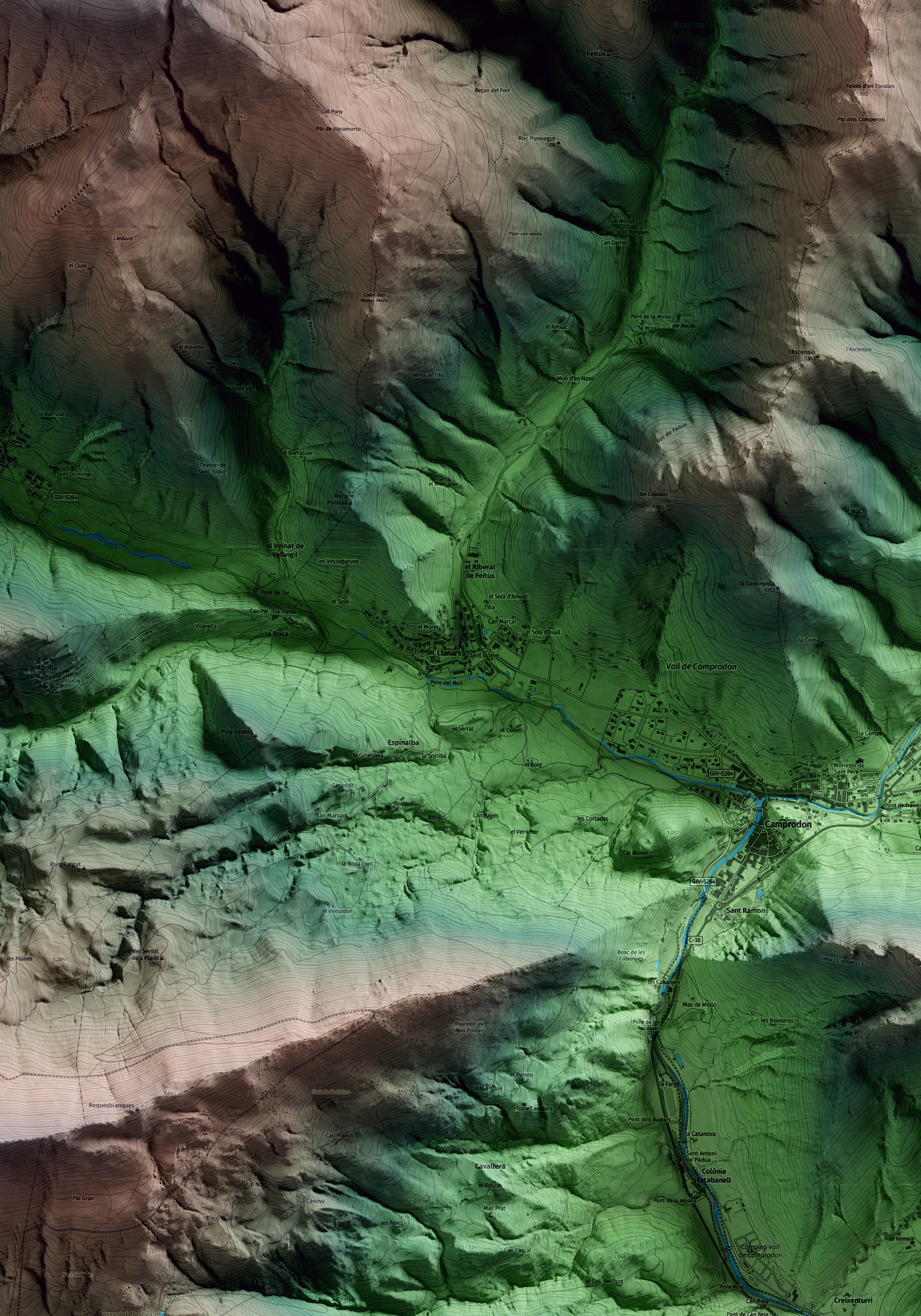 Mapa artístico del relieve de Llanars, al Ripollès, con 15 km de entorno y base topográfica ICGC. Detalle de la zona central.