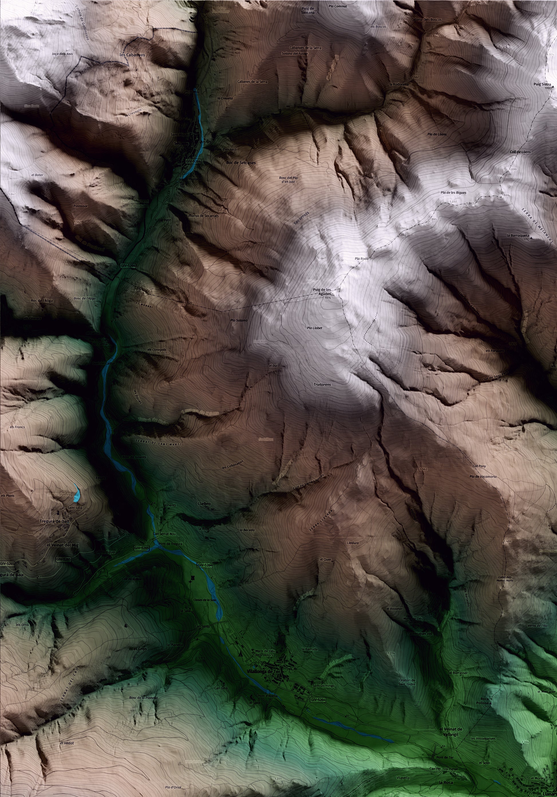 Mapa artístico del relieve de Llanars, al Ripollès, con 15 km de entorno y base topográfica ICGC. Detalle de la zona superior izquierda.
