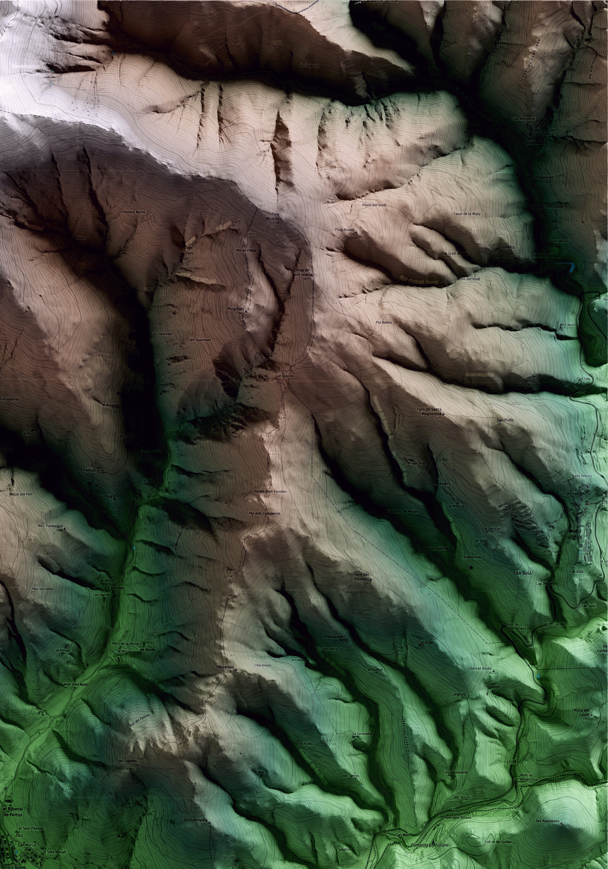 Mapa artístico del relieve de Llanars, al Ripollès, con 15 km de entorno y base topográfica ICGC. Detalle de la zona superior derecha.