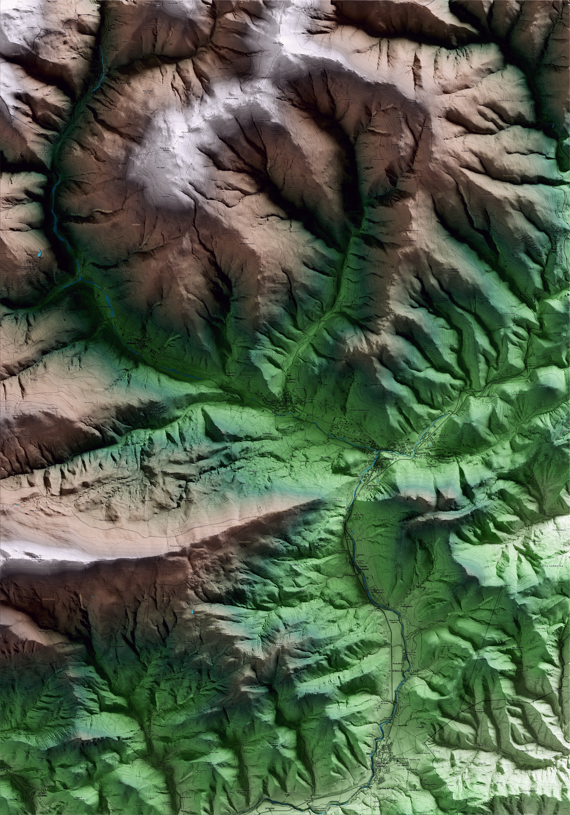 Mapa artístico del relieve de Llanars, al Ripollès, con 15 km de entorno y base topográfica ICGC