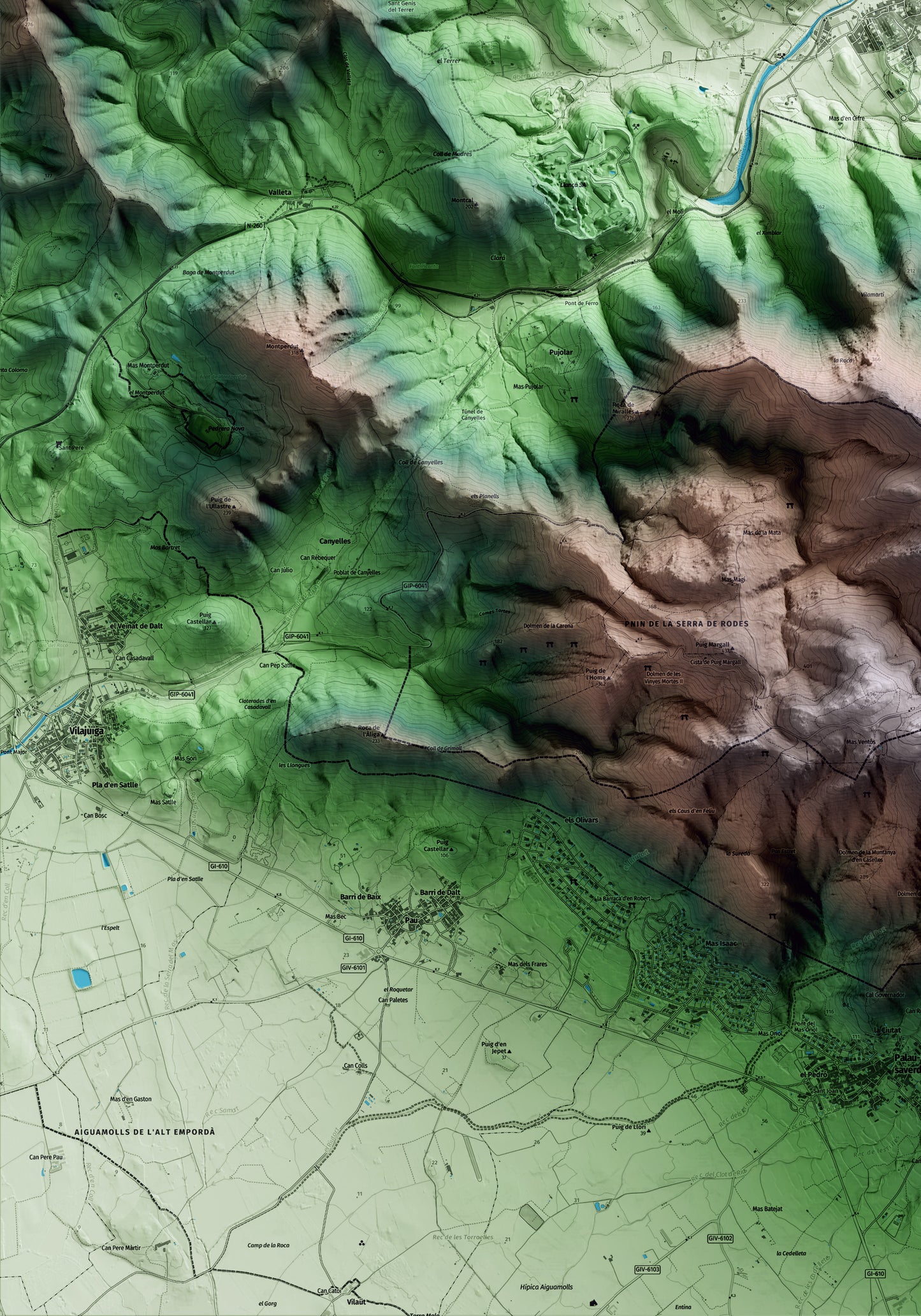 Mapa artístico del relieve de Llançà, al Alt Empordà, con 15 km de entorno y base topográfica ICGC. Detalle de la zona inferior izquierda.