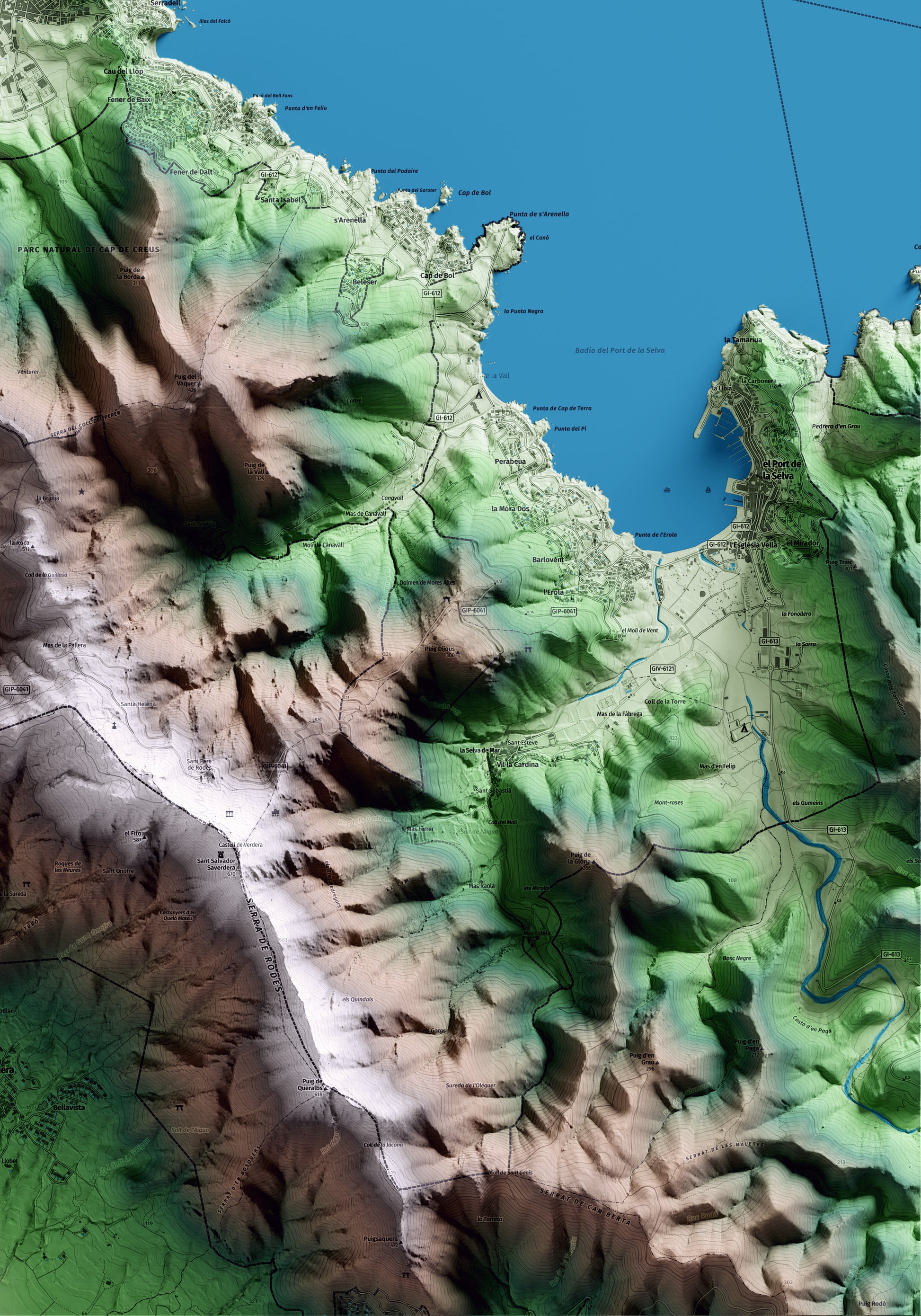 Mapa artístico del relieve de Llançà, al Alt Empordà, con 15 km de entorno y base topográfica ICGC. Detalle de la zona inferior derecha.