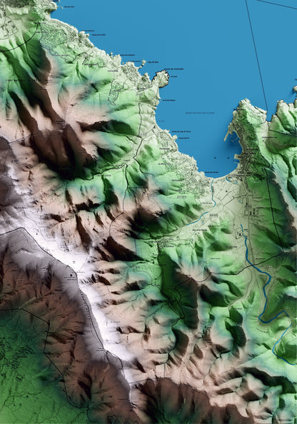 Mapa artístico del relieve de Llançà, al Alt Empordà, con 15 km de entorno y base topográfica ICGC. Detalle de la zona inferior derecha.