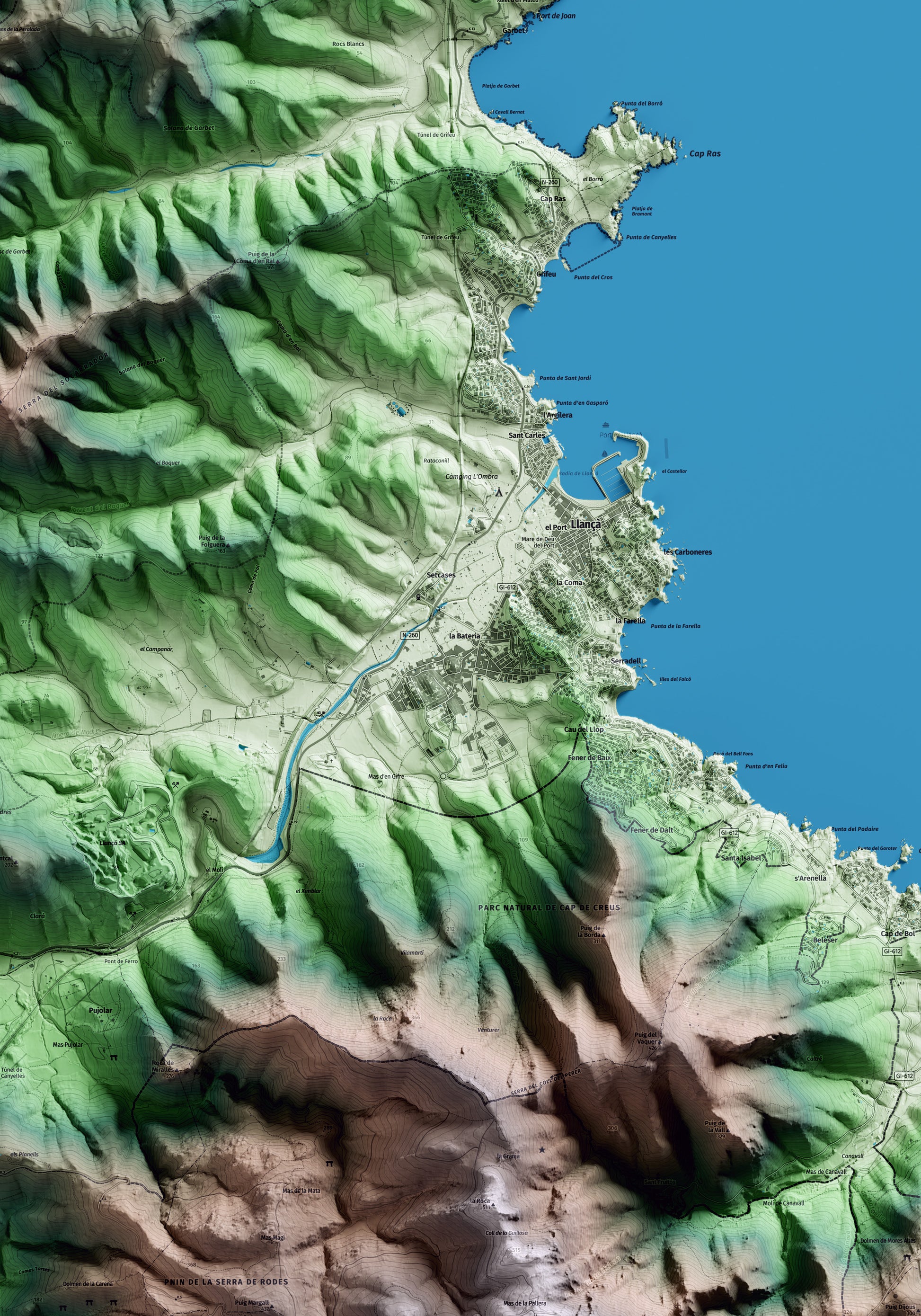 Mapa artístico del relieve de Llançà, al Alt Empordà, con 15 km de entorno y base topográfica ICGC. Detalle de la zona central.