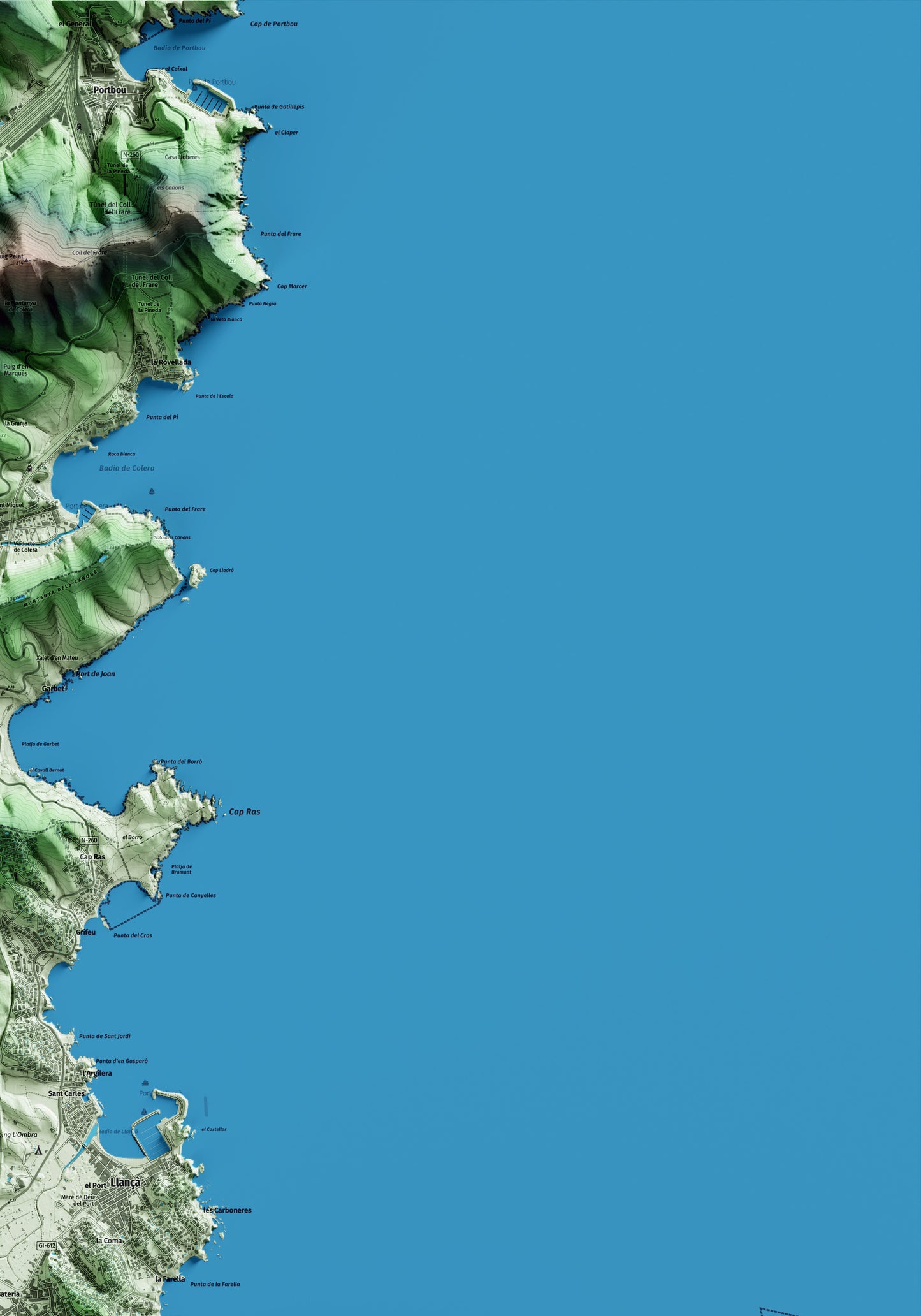 Mapa artístico del relieve de Llançà, al Alt Empordà, con 15 km de entorno y base topográfica ICGC. Detalle de la zona superior derecha.