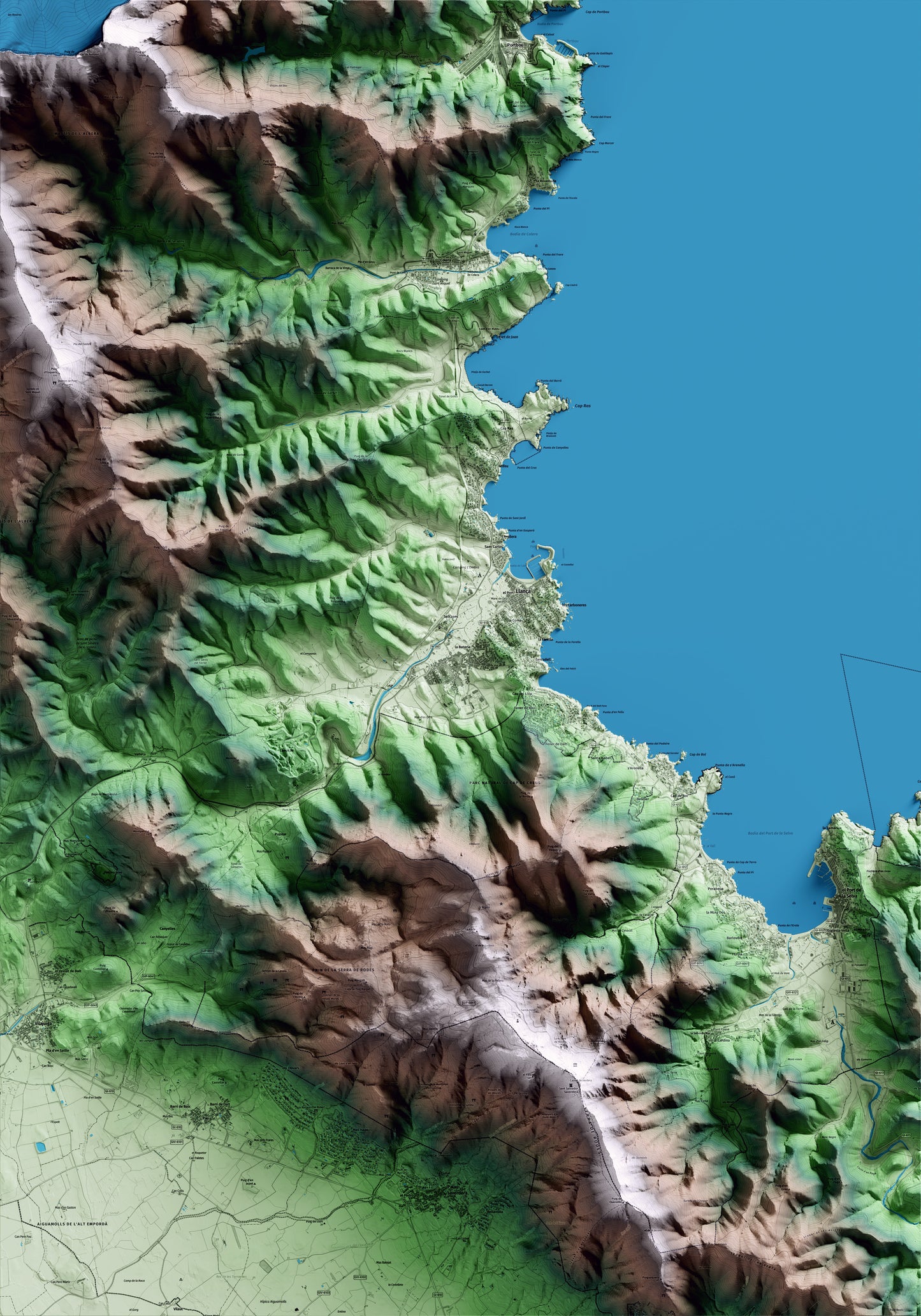 Mapa artístico del relieve de Llançà, al Alt Empordà, con 15 km de entorno y base topográfica ICGC
