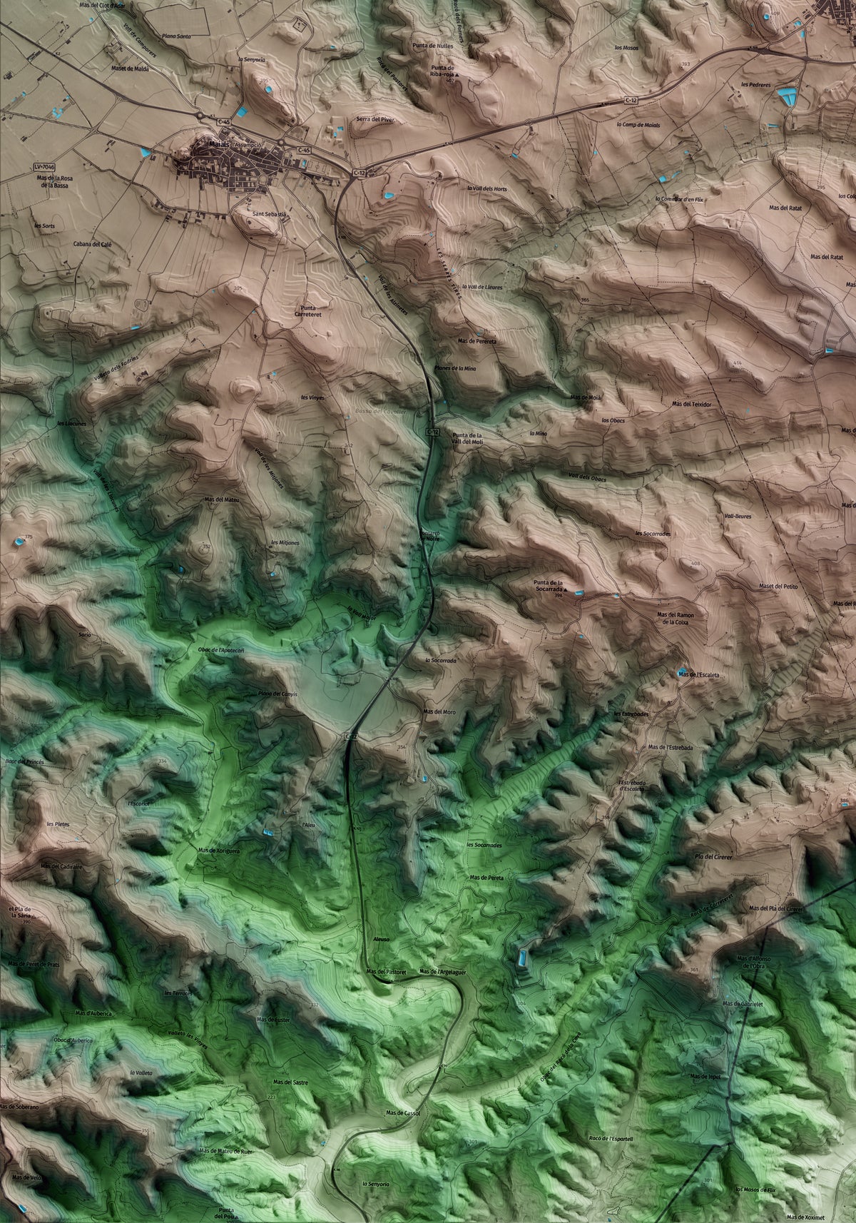 Mapa artístico del relieve de Llardecans, al Segrià, con 15 km de entorno y base topográfica ICGC. Detalle de la zona inferior izquierda.