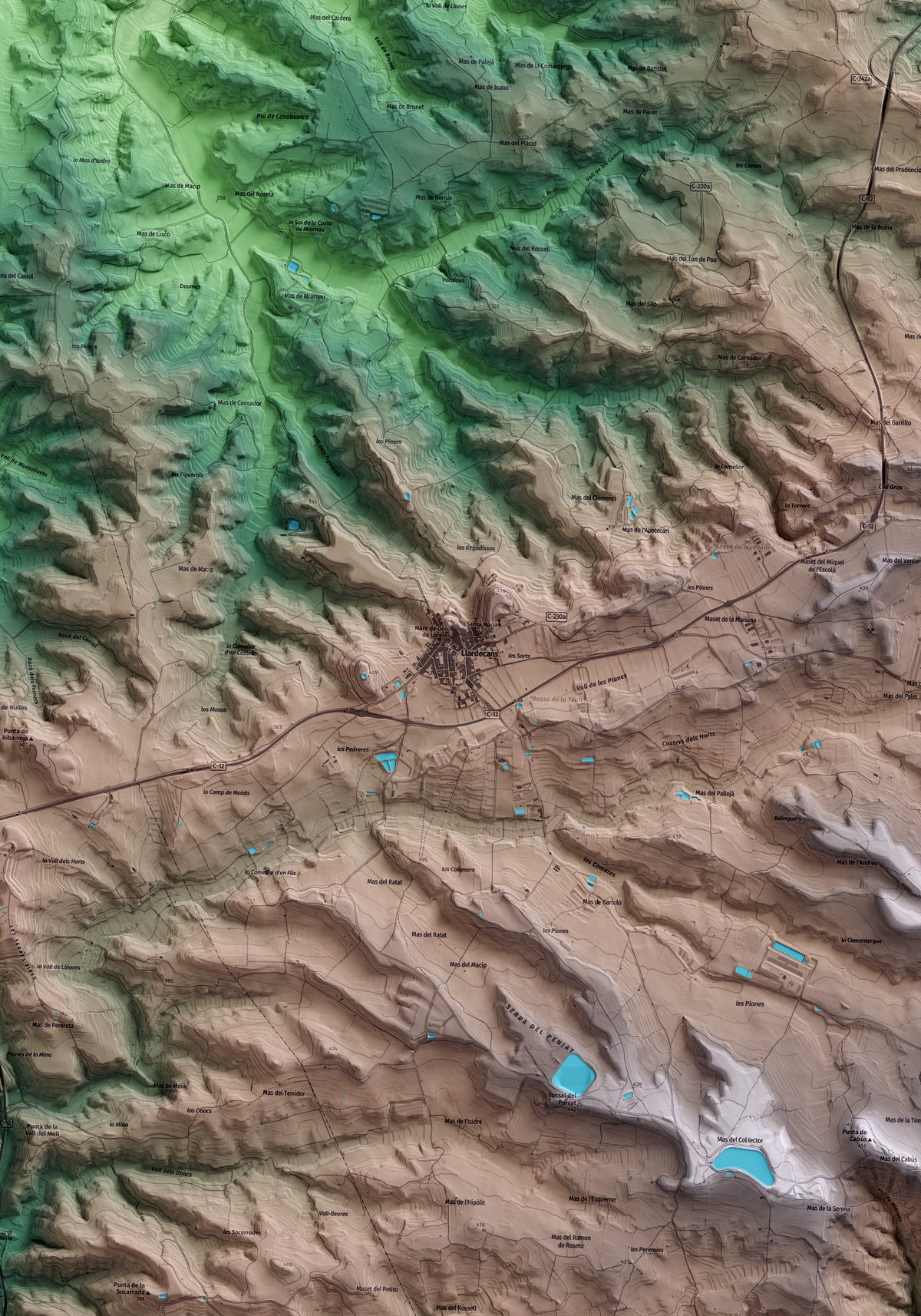 Mapa artístico del relieve de Llardecans, al Segrià, con 15 km de entorno y base topográfica ICGC. Detalle de la zona central.