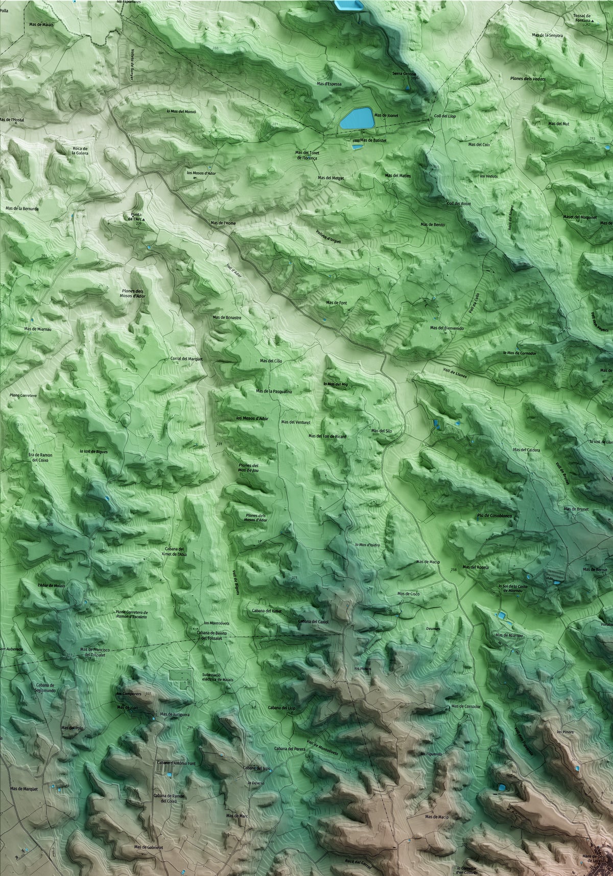 Mapa artístico del relieve de Llardecans, al Segrià, con 15 km de entorno y base topográfica ICGC. Detalle de la zona superior izquierda.