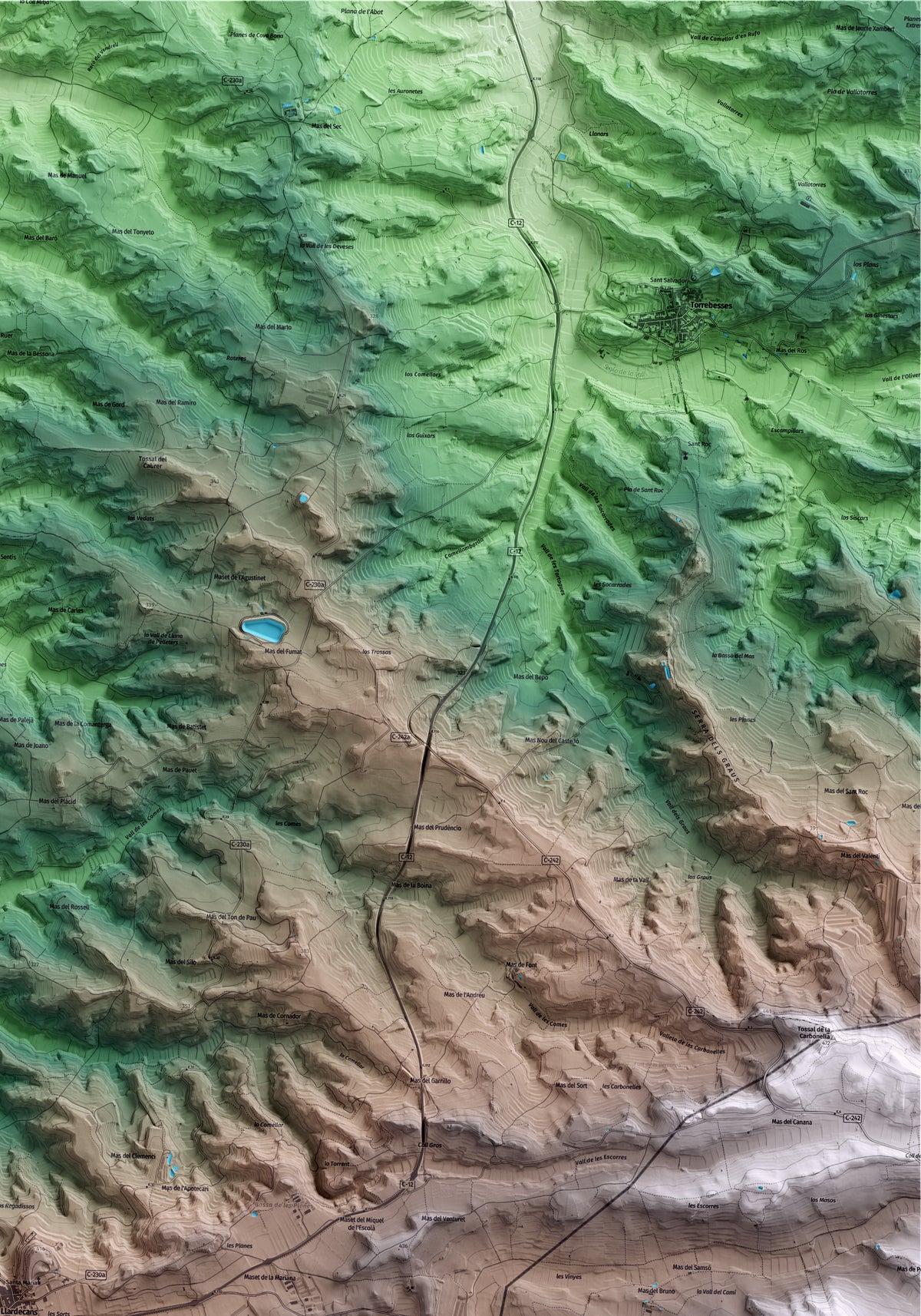 Mapa artístico del relieve de Llardecans, al Segrià, con 15 km de entorno y base topográfica ICGC. Detalle de la zona superior derecha.