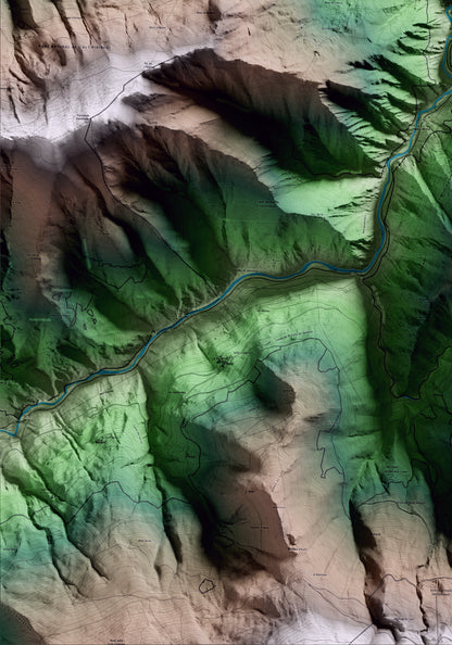 Mapa artístico del relieve de Llavorsí, al Pallars Sobirà, con 15 km de entorno y base topográfica ICGC. Detalle de la zona inferior izquierda.