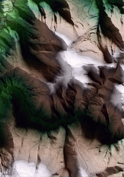 Mapa artístico del relieve de Llavorsí, al Pallars Sobirà, con 15 km de entorno y base topográfica ICGC. Detalle de la zona inferior derecha.