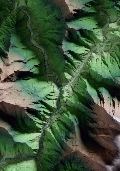 Mapa artístico del relieve de Llavorsí, al Pallars Sobirà, con 15 km de entorno y base topográfica ICGC. Detalle de la zona central.