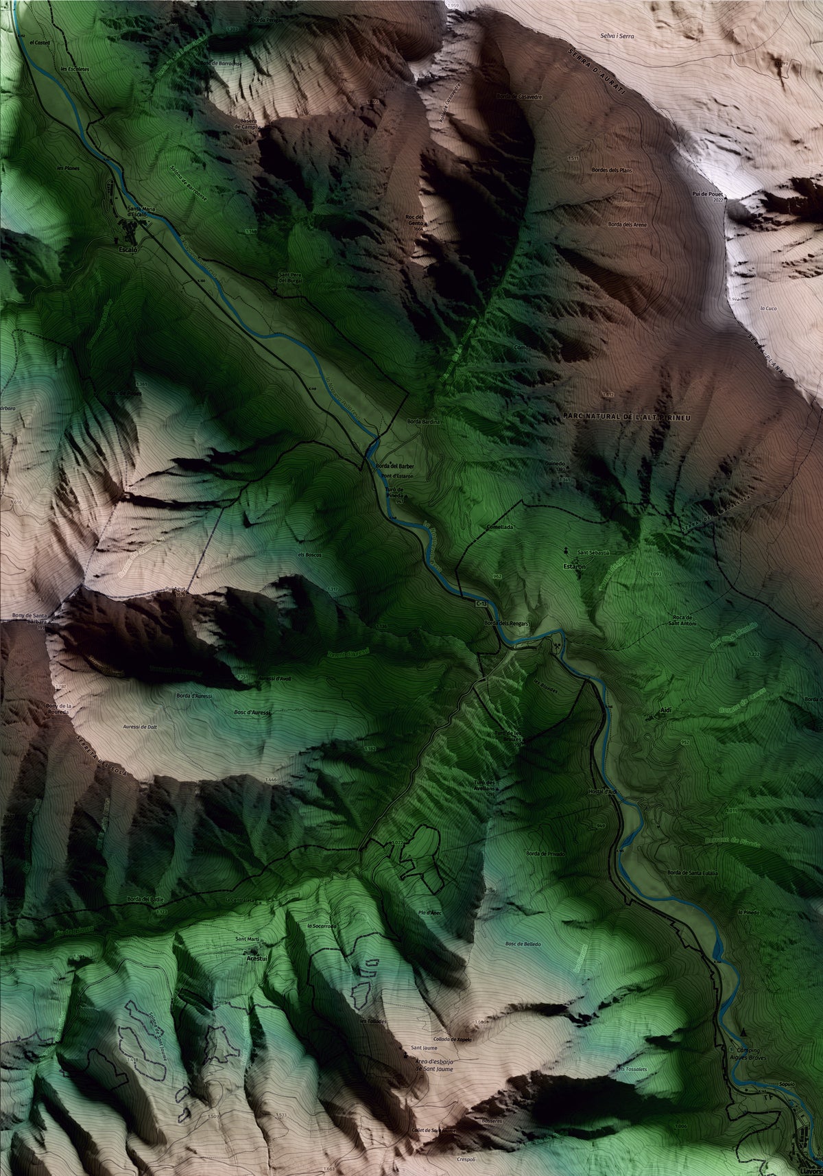 Mapa artístico del relieve de Llavorsí, al Pallars Sobirà, con 15 km de entorno y base topográfica ICGC. Detalle de la zona superior izquierda.