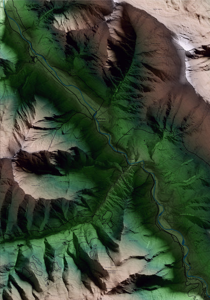 Mapa artístico del relieve de Llavorsí, al Pallars Sobirà, con 15 km de entorno y base topográfica ICGC. Detalle de la zona superior izquierda.