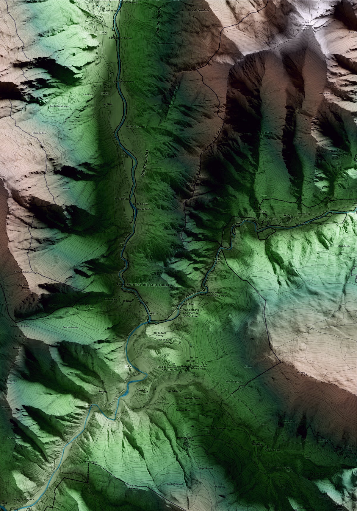 Mapa artístico del relieve de Llavorsí, al Pallars Sobirà, con 15 km de entorno y base topográfica ICGC. Detalle de la zona superior derecha.