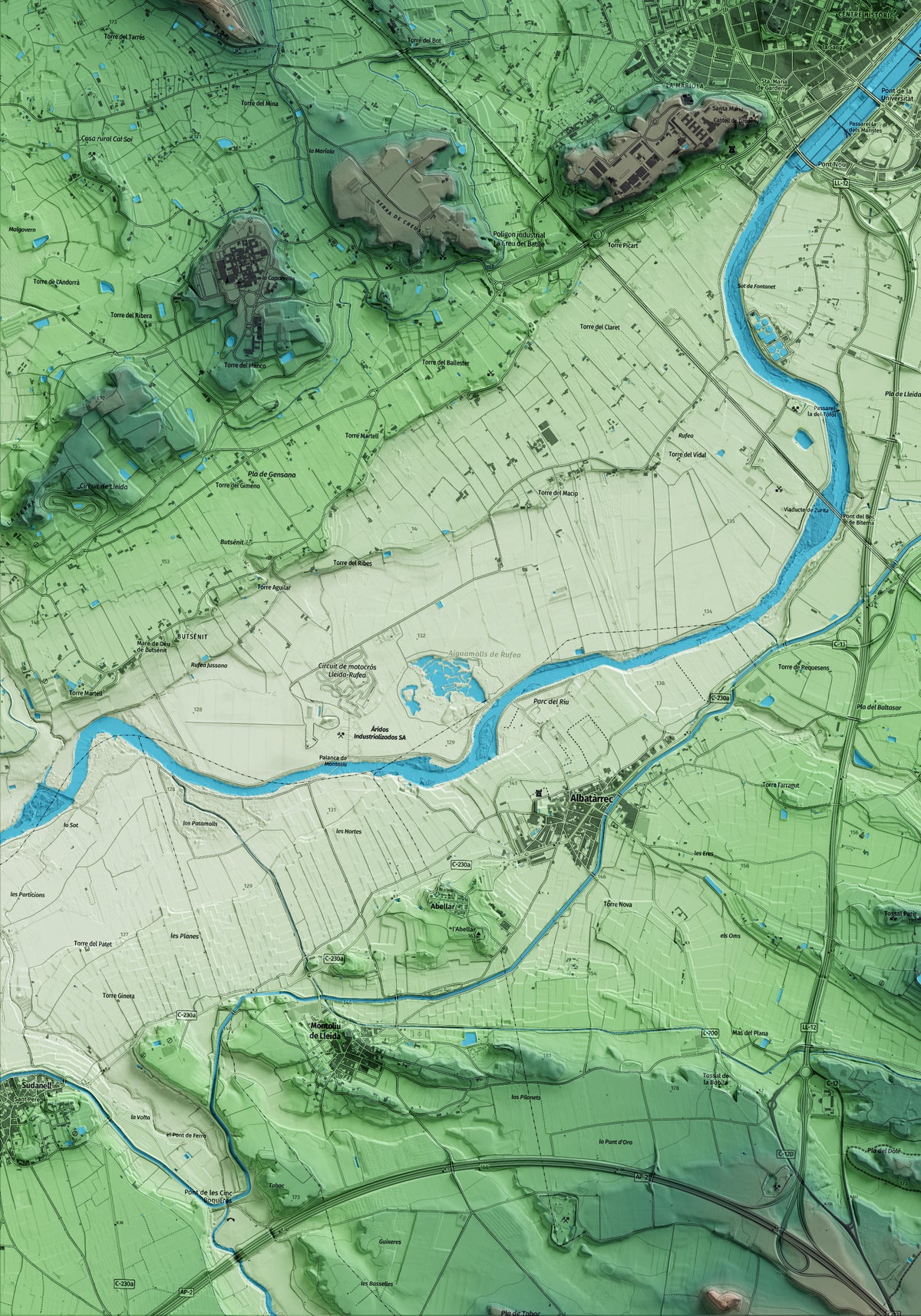Mapa artístico del relieve de Lleida, al Segrià, con 15 km de entorno y base topográfica ICGC. Detalle de la zona inferior izquierda.