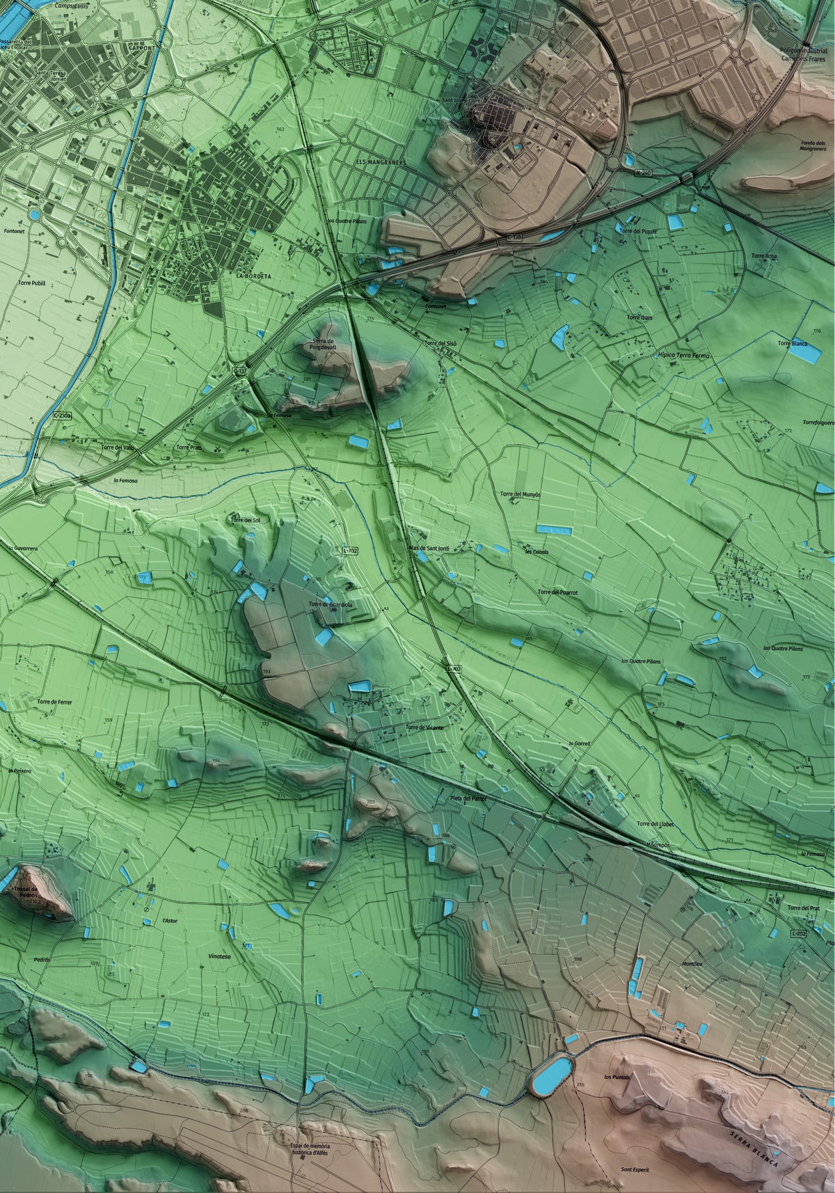 Mapa artístico del relieve de Lleida, al Segrià, con 15 km de entorno y base topográfica ICGC. Detalle de la zona inferior derecha.