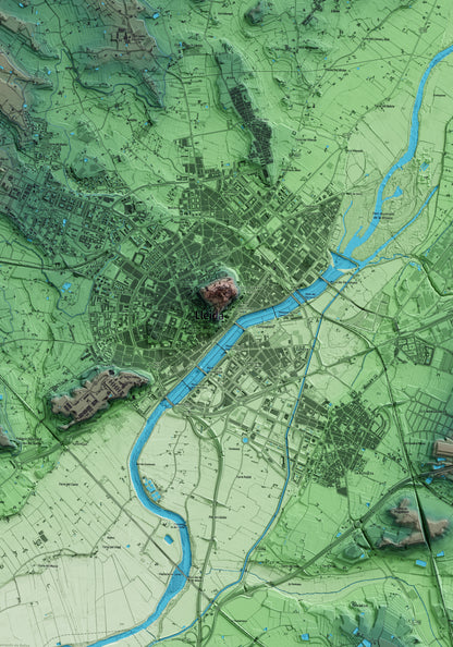 Mapa artístico del relieve de Lleida, al Segrià, con 15 km de entorno y base topográfica ICGC. Detalle de la zona central.