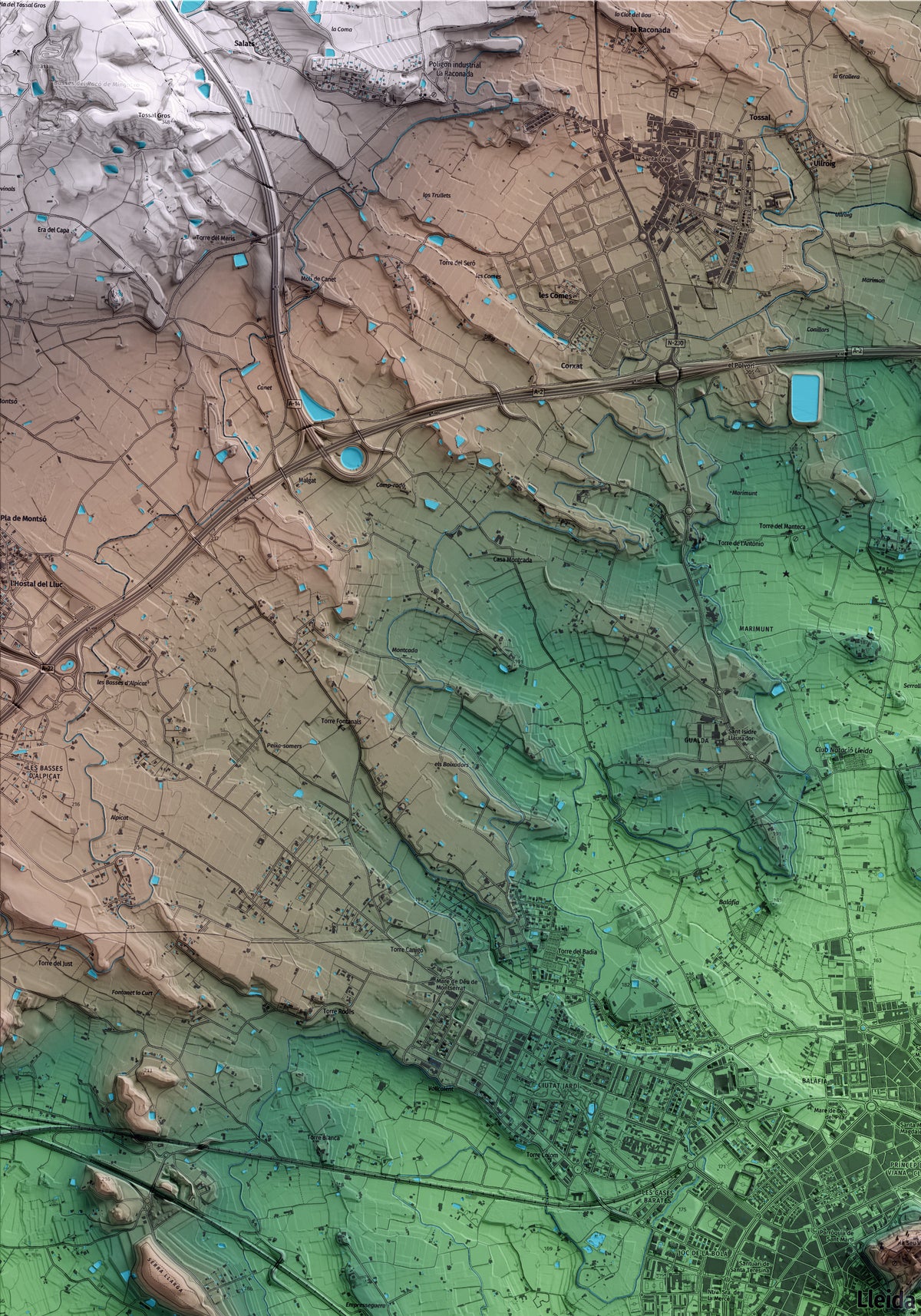 Mapa artístico del relieve de Lleida, al Segrià, con 15 km de entorno y base topográfica ICGC. Detalle de la zona superior izquierda.