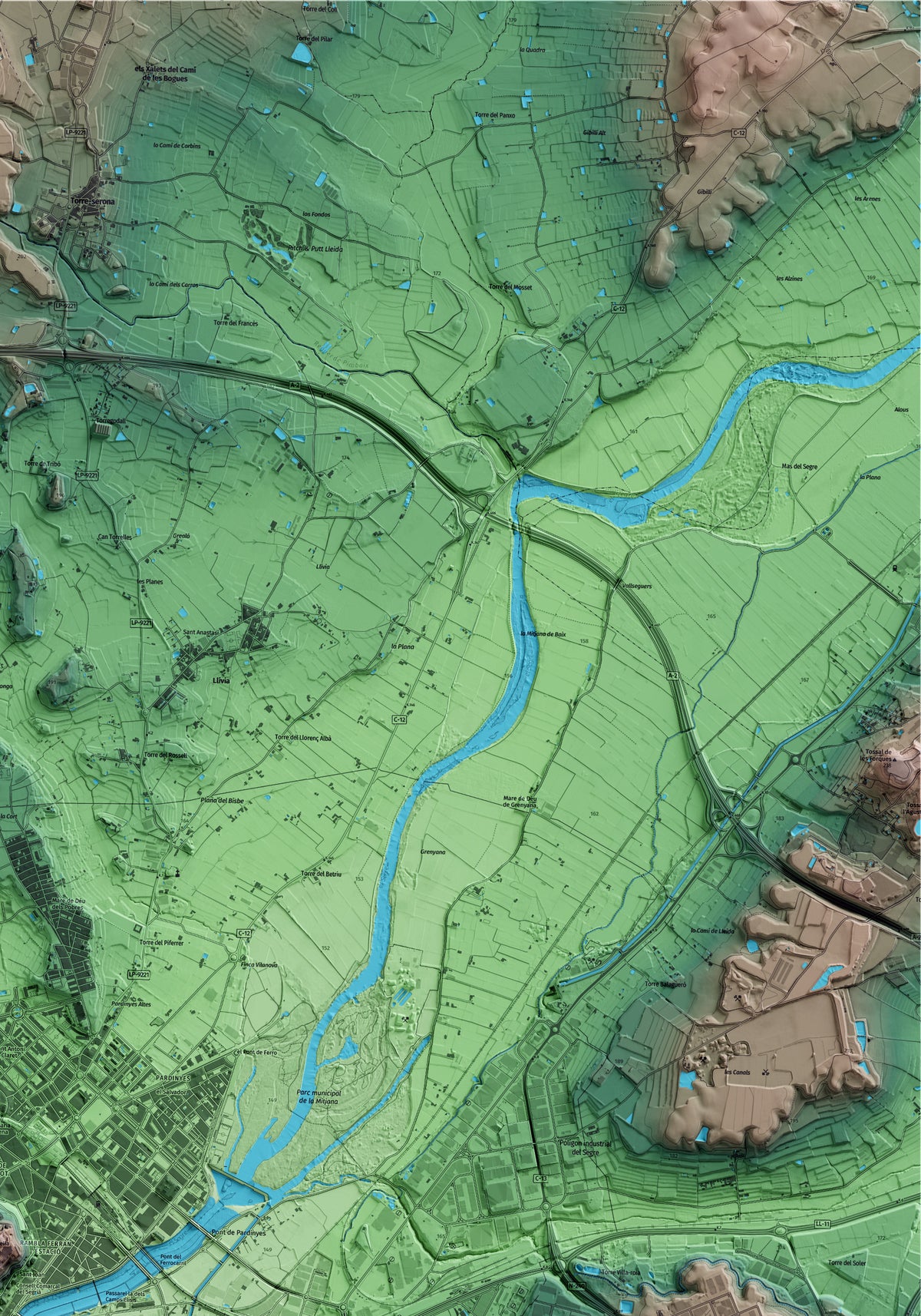 Mapa artístico del relieve de Lleida, al Segrià, con 15 km de entorno y base topográfica ICGC. Detalle de la zona superior derecha.