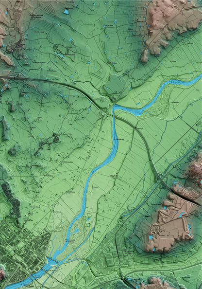 Mapa artístico del relieve de Lleida, al Segrià, con 15 km de entorno y base topográfica ICGC. Detalle de la zona superior derecha.