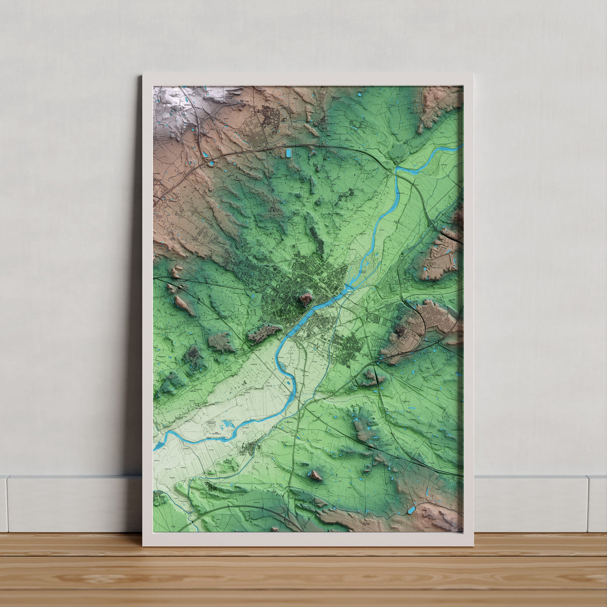 Mapa artístico del relieve de Lleida, al Segrià, con 15 km de entorno y base topográfica ICGC. Presentación enmarcada.