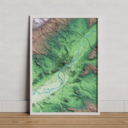 Mapa artístico del relieve de Lleida, al Segrià, con 15 km de entorno y base topográfica ICGC. Presentación enmarcada.