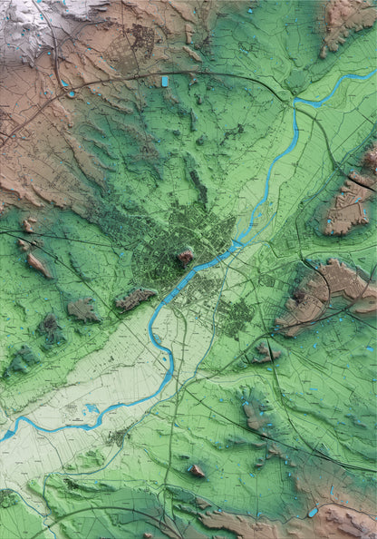 Mapa artístico del relieve de Lleida, al Segrià, con 15 km de entorno y base topográfica ICGC