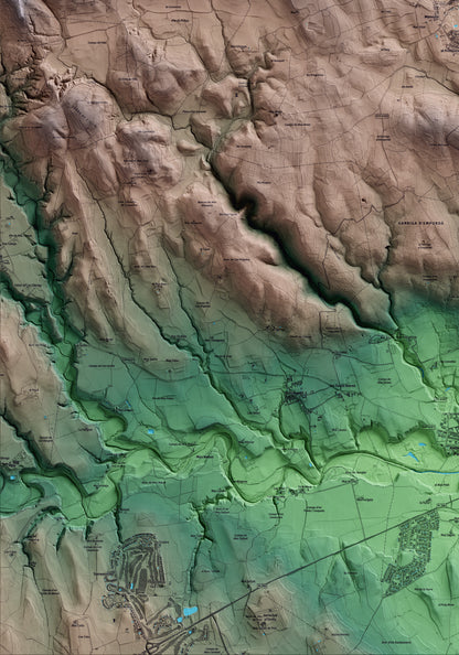 Mapa artístico del relieve de Llers, al Alt Empordà, con 15 km de entorno y base topográfica ICGC. Detalle de la zona inferior izquierda.