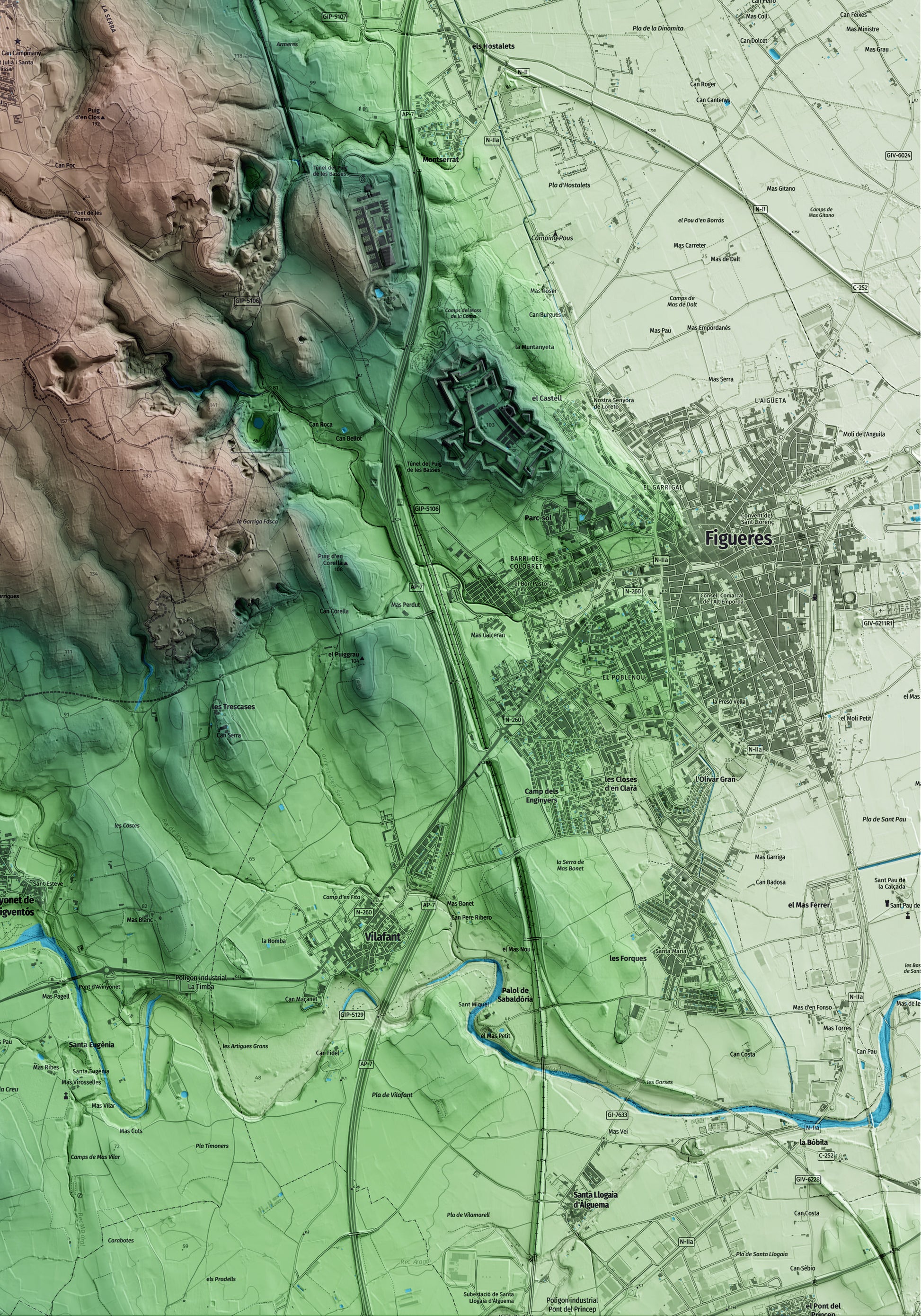 Mapa artístico del relieve de Llers, al Alt Empordà, con 15 km de entorno y base topográfica ICGC. Detalle de la zona inferior derecha.