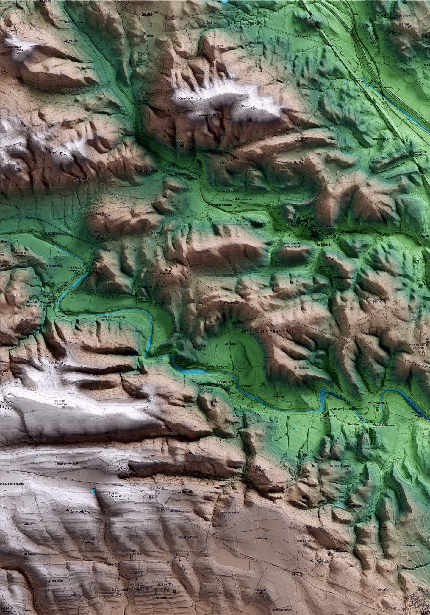 Mapa artístico del relieve de Llers, al Alt Empordà, con 15 km de entorno y base topográfica ICGC. Detalle de la zona superior izquierda.