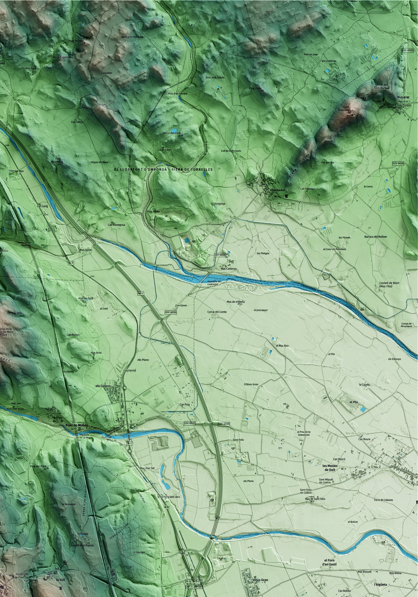 Mapa artístico del relieve de Llers, al Alt Empordà, con 15 km de entorno y base topográfica ICGC. Detalle de la zona superior derecha.