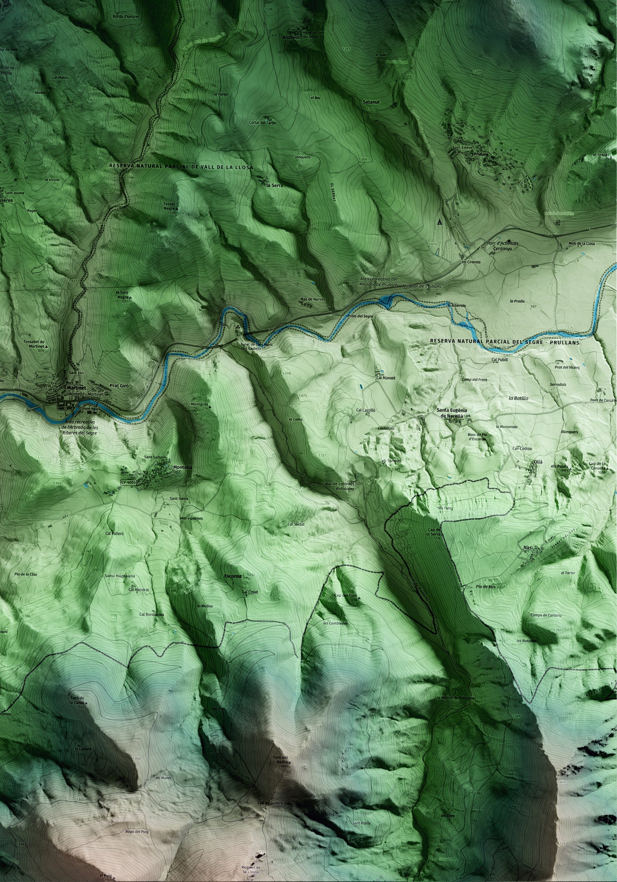 Mapa artístico del relieve de Lles de Cerdanya, a la Cerdanya, con 15 km de entorno y base topográfica ICGC. Detalle de la zona inferior derecha.