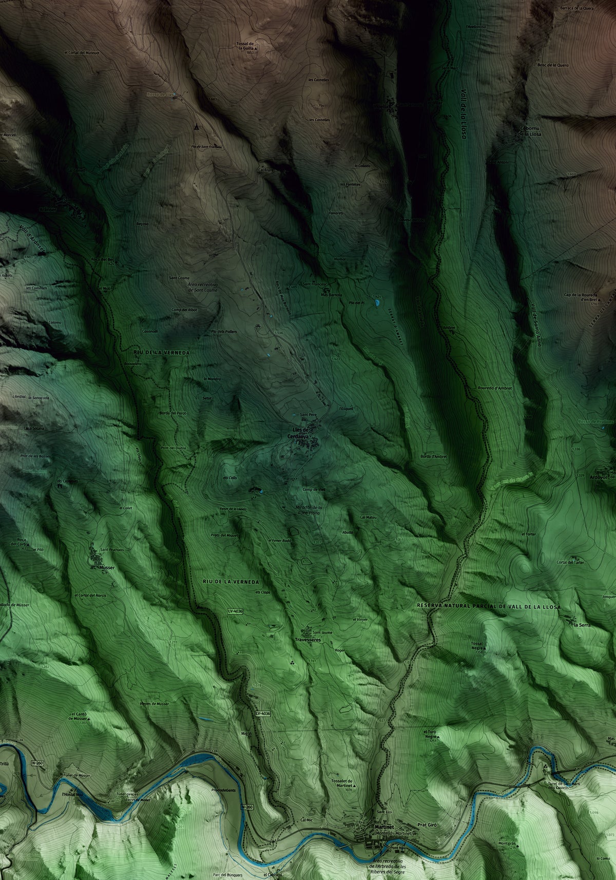Mapa artístico del relieve de Lles de Cerdanya, a la Cerdanya, con 15 km de entorno y base topográfica ICGC. Detalle de la zona central.