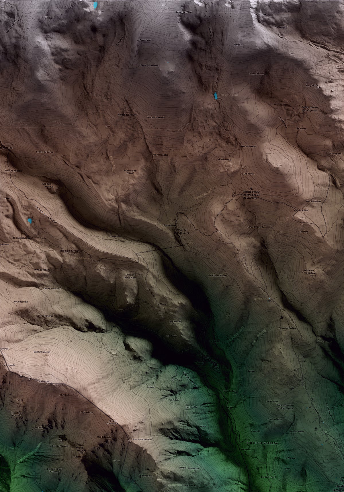 Mapa artístico del relieve de Lles de Cerdanya, a la Cerdanya, con 15 km de entorno y base topográfica ICGC. Detalle de la zona superior izquierda.