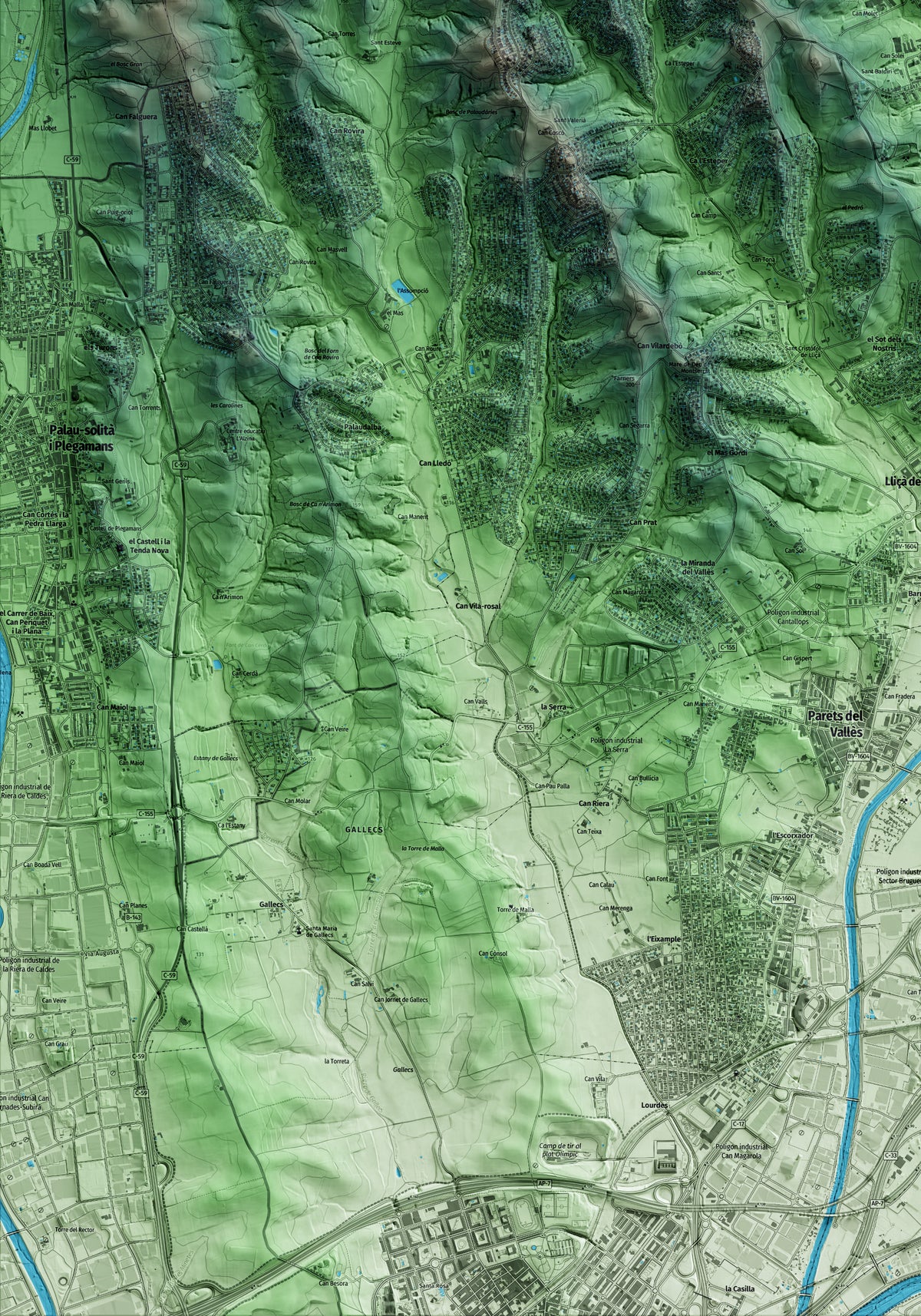 Mapa artístico del relieve de Lliçà d'Amunt, al Vallès Oriental, con 15 km de entorno y base topográfica ICGC. Detalle de la zona inferior izquierda.