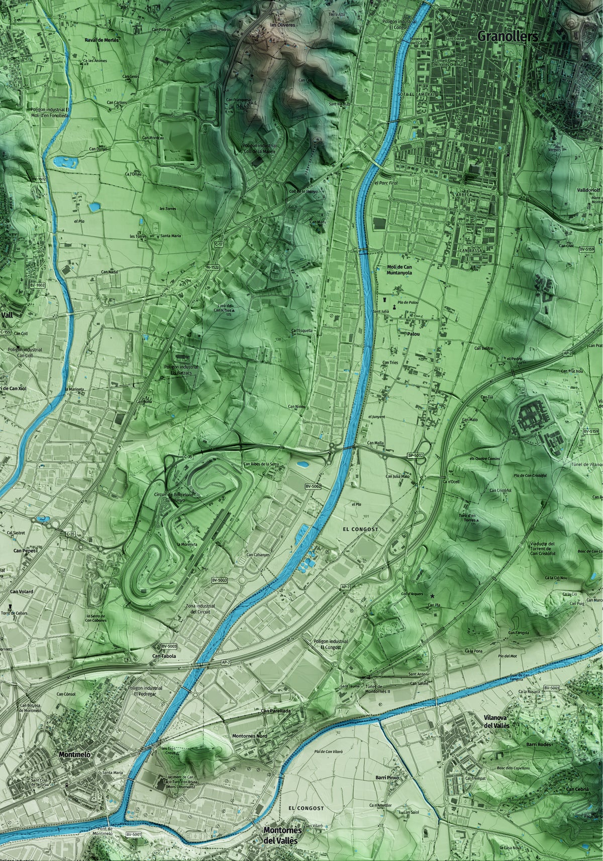 Mapa artístico del relieve de Lliçà d'Amunt, al Vallès Oriental, con 15 km de entorno y base topográfica ICGC. Detalle de la zona inferior derecha.
