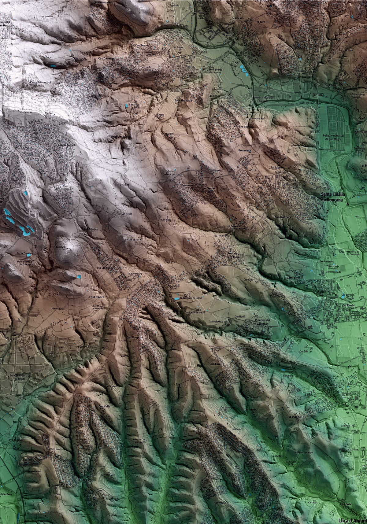 Mapa artístico del relieve de Lliçà d'Amunt, al Vallès Oriental, con 15 km de entorno y base topográfica ICGC. Detalle de la zona superior izquierda.